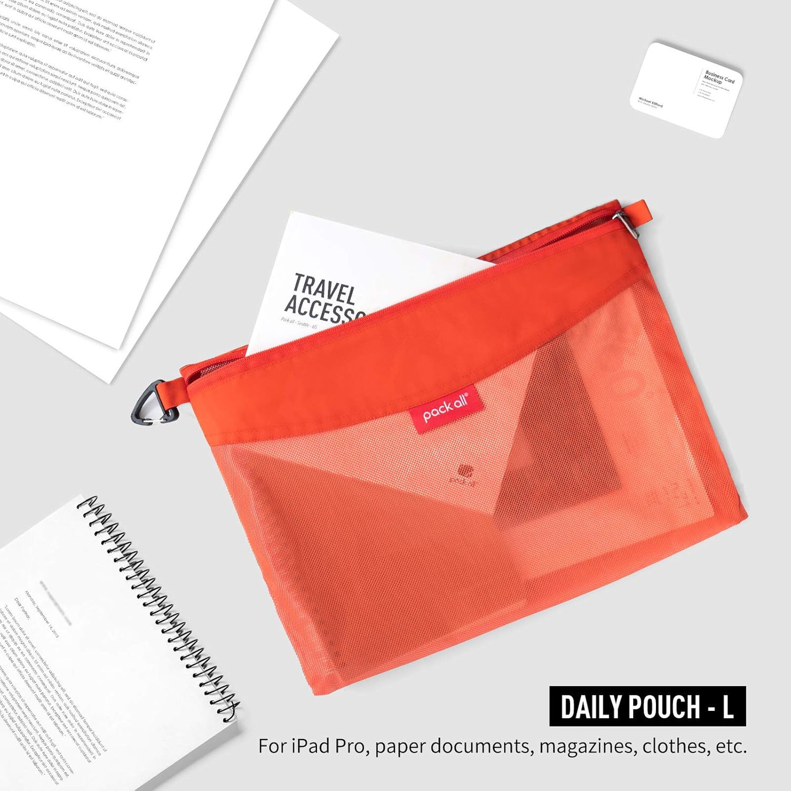 Water-Resistant Mesh Zipper Pouch Set, Travel Organizer, Orange, Multiple Sizes