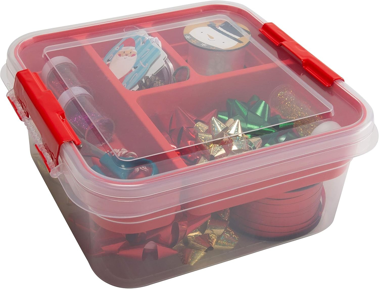 5 Compartment Gift Supply Storage Box | 2 Tier Box | Red | Clear Top Lid | Di…