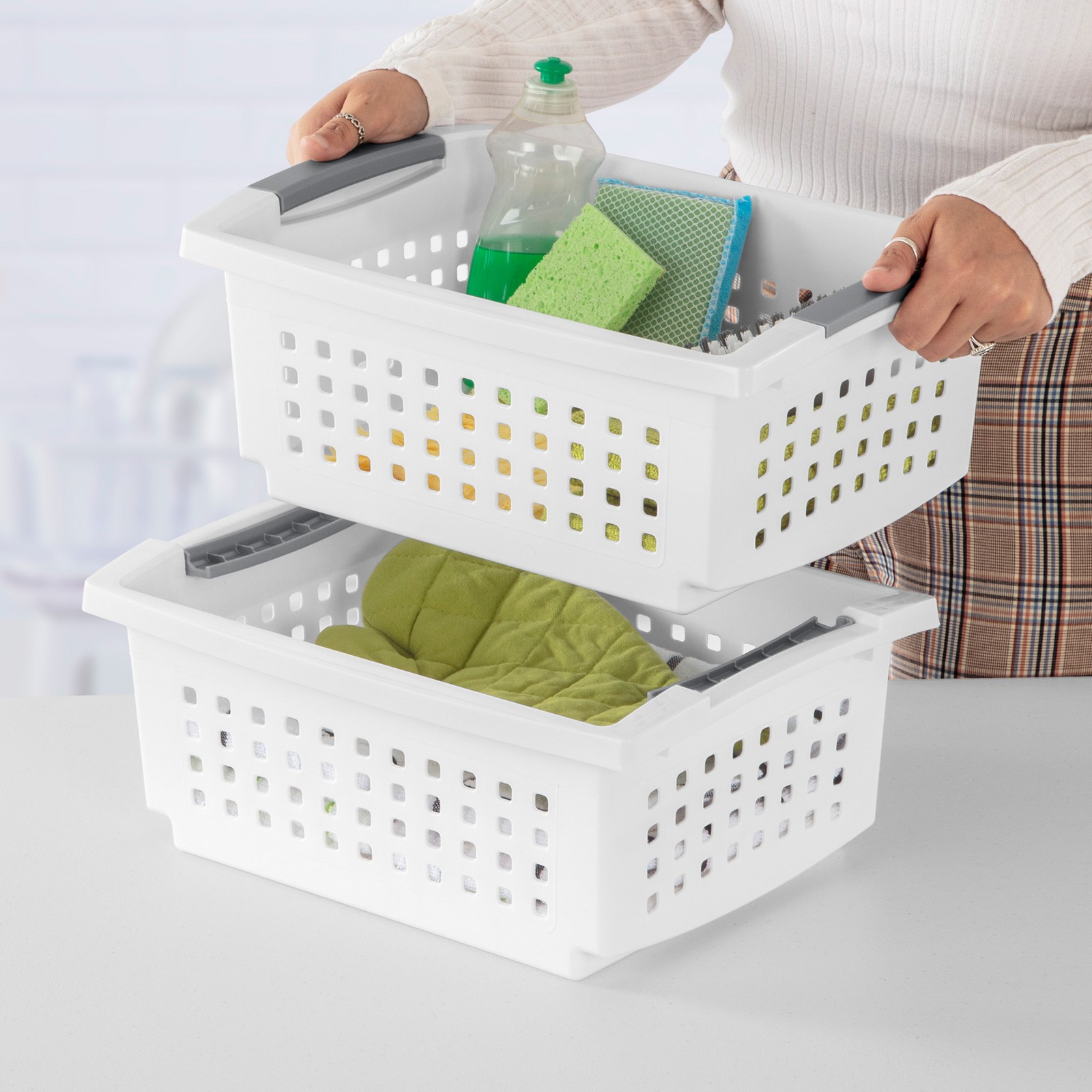 Sterilite Medium Stacking Basket, Open Top Storage Bin w/ Handles, 8 Pack, White