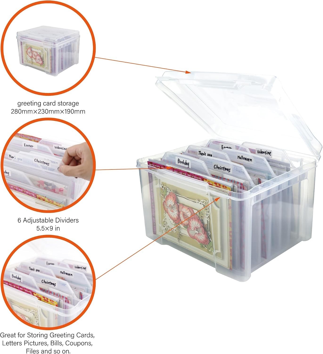 Greeting Card Storage & Organizer Box with 6 Removable Dividers for Holiday B…