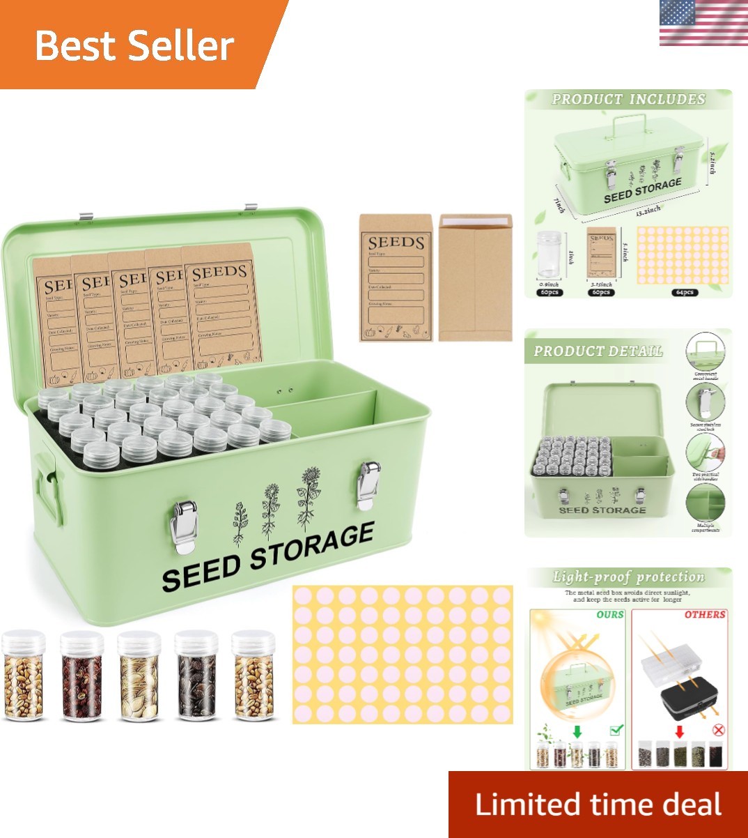 60 Slots Seed Storage Organizer, Metal Seed Box with Lid and Safety Locks | B…