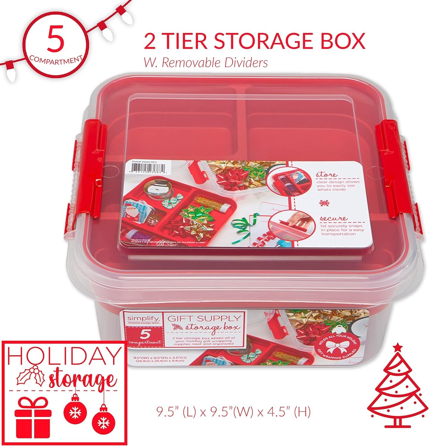 5 Compartment Gift Supply Storage Box | 2 Tier Box | Red | Clear Top Lid | Di…