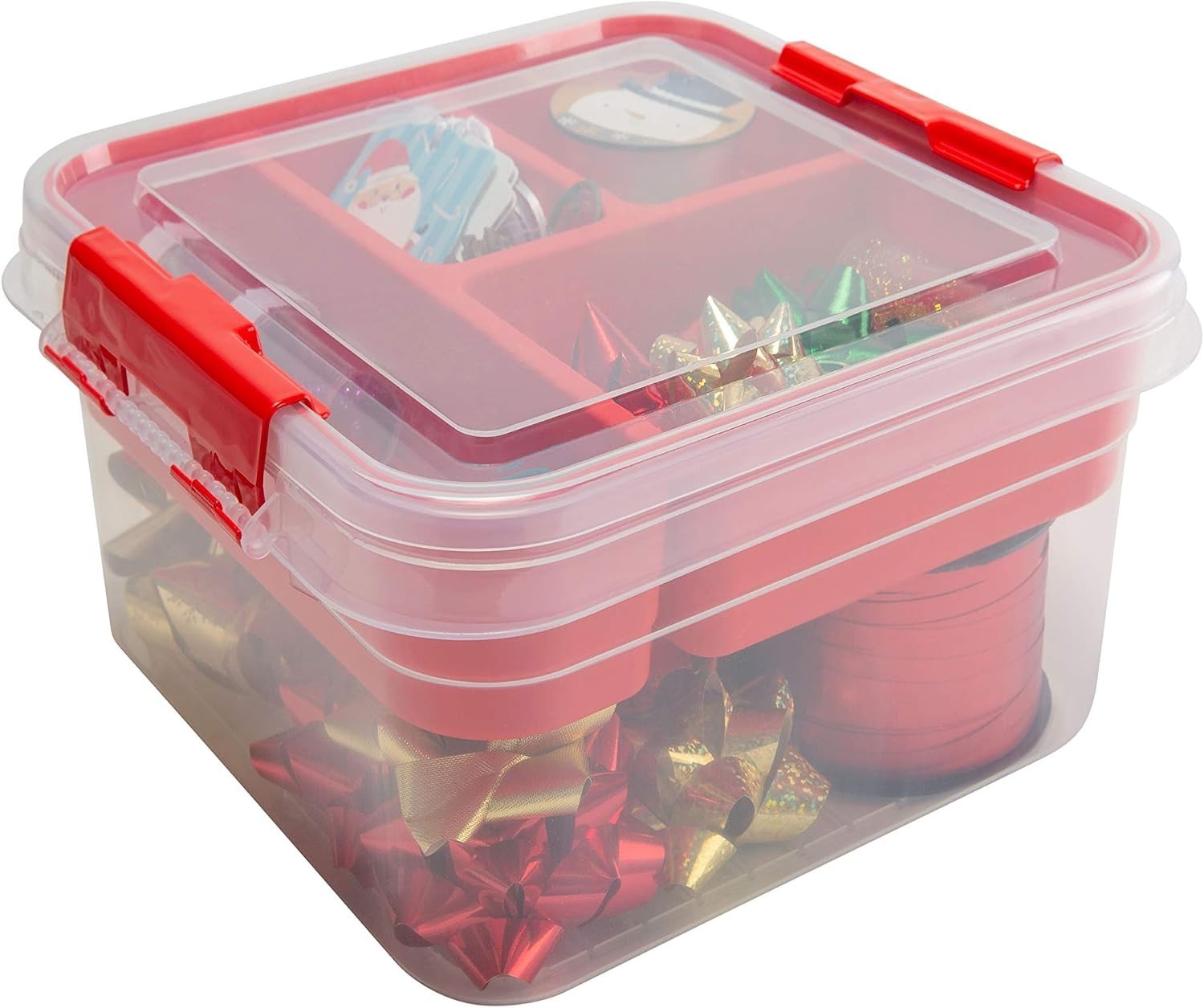 5 Compartment Gift Supply Storage Box | 2 Tier Box | Red | Clear Top Lid | Di…