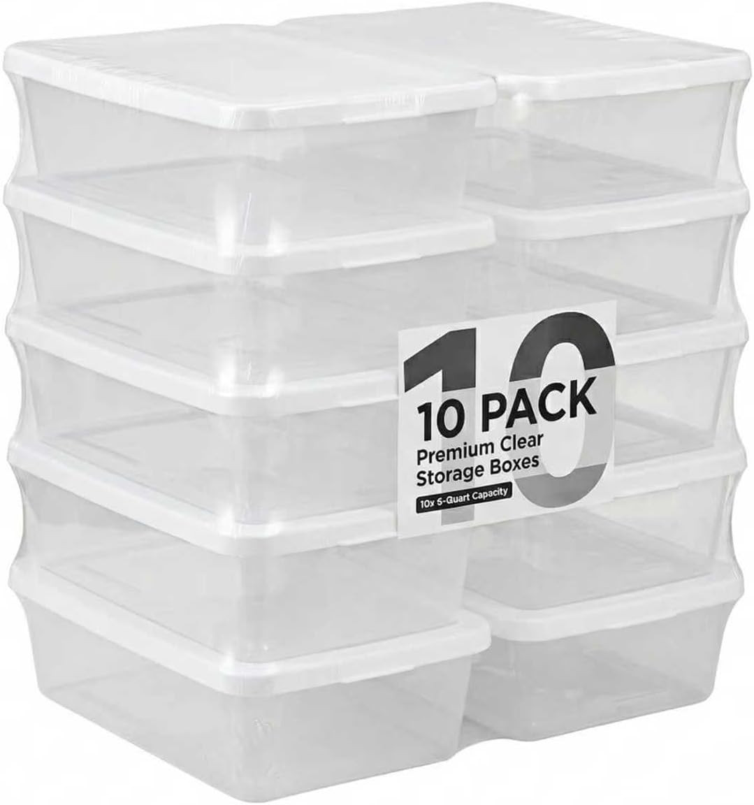 10Pack Storage Bins with Lids, 6 QT Clear Plastic Box with Snap on Lids, Heavy D