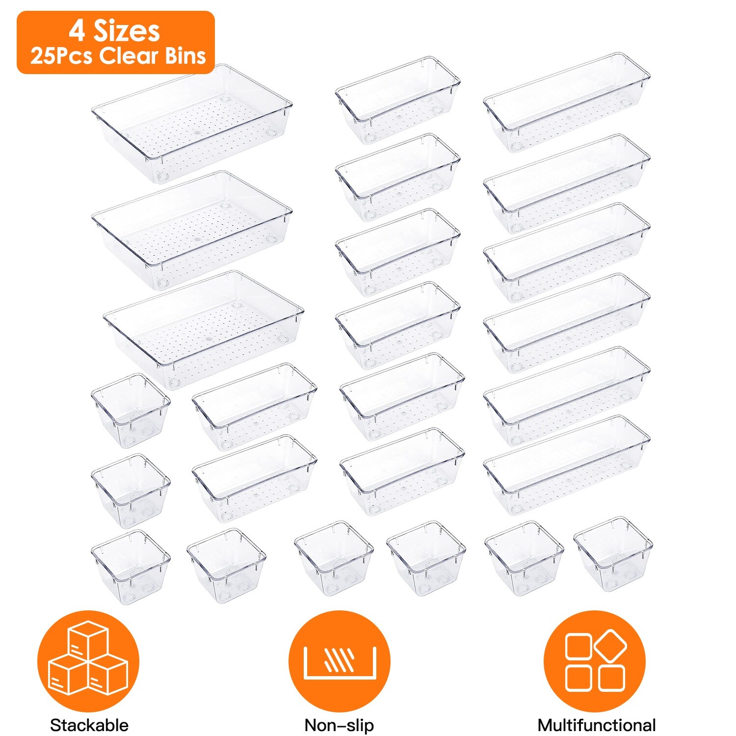 25PCS Clear Plastic Drawer Organizer Set Makeup Jewelry Kitchen Bedroom Office