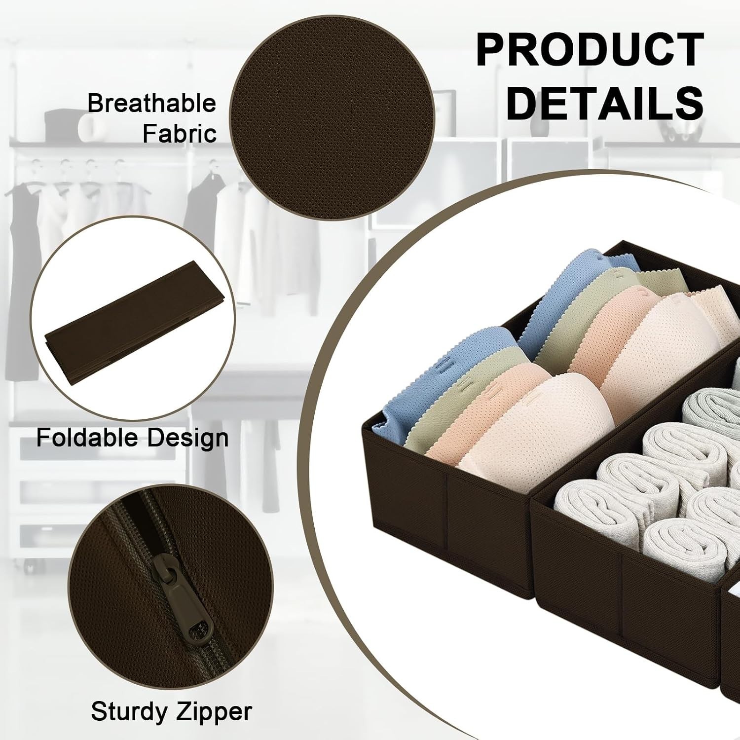 Durable and Portable Fabric Drawer Organizers – 4 Foldable Storage Bins in Brown
