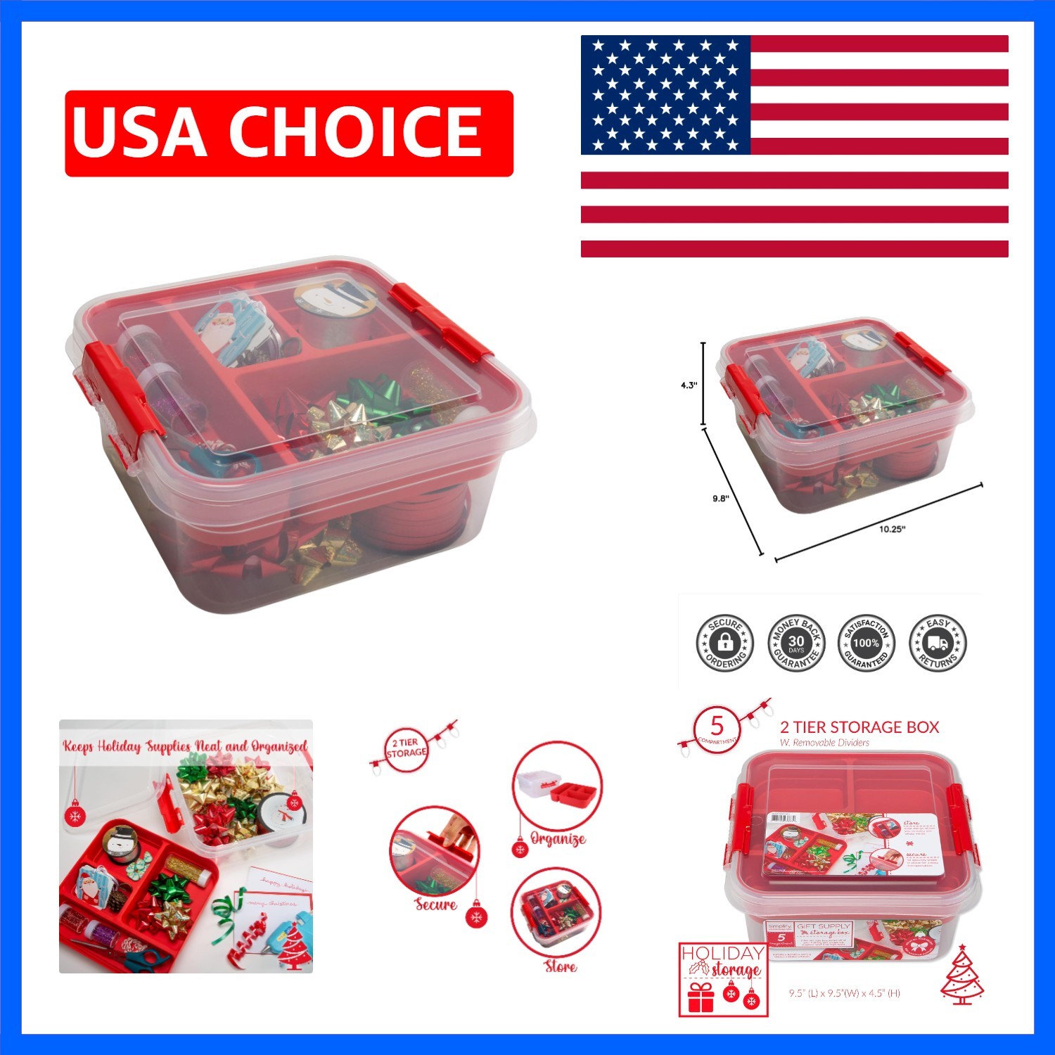 5 Compartment Gift Supply Storage Box | 2 Tier Box | Red | Clear Top Lid | Di…