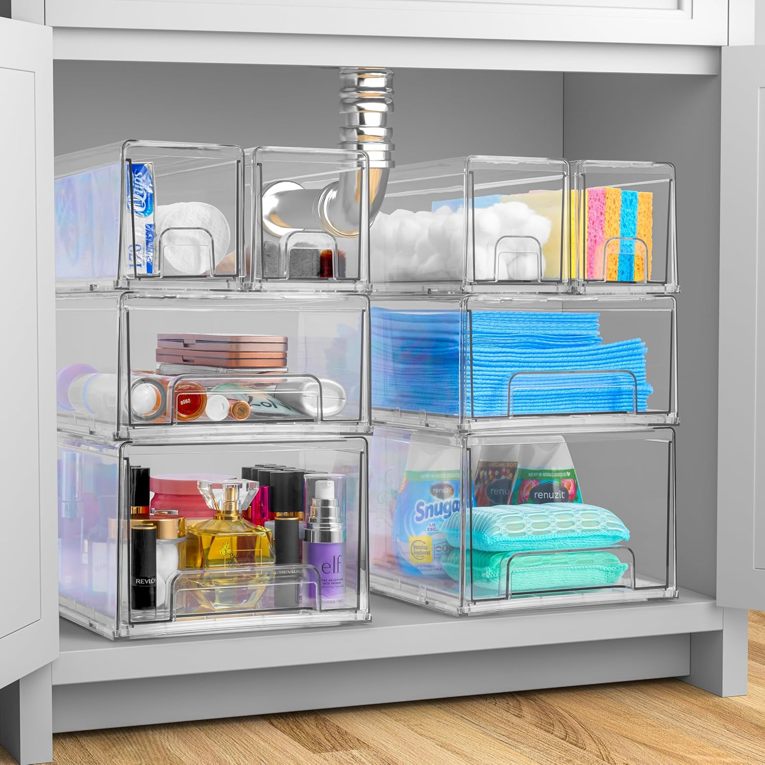 Small Clear Stackable Storage Drawers – 2-Pack Plastic Organizer Bins with Handl