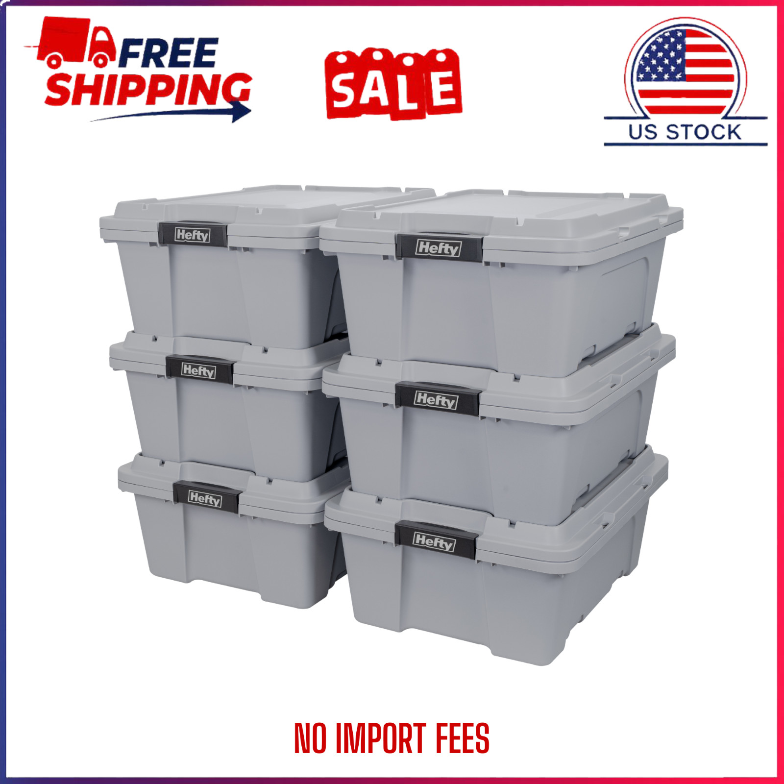 Hefty 12 Gallon Max Pro Plastic Utility Storage Tote, Gray, 6 Pack