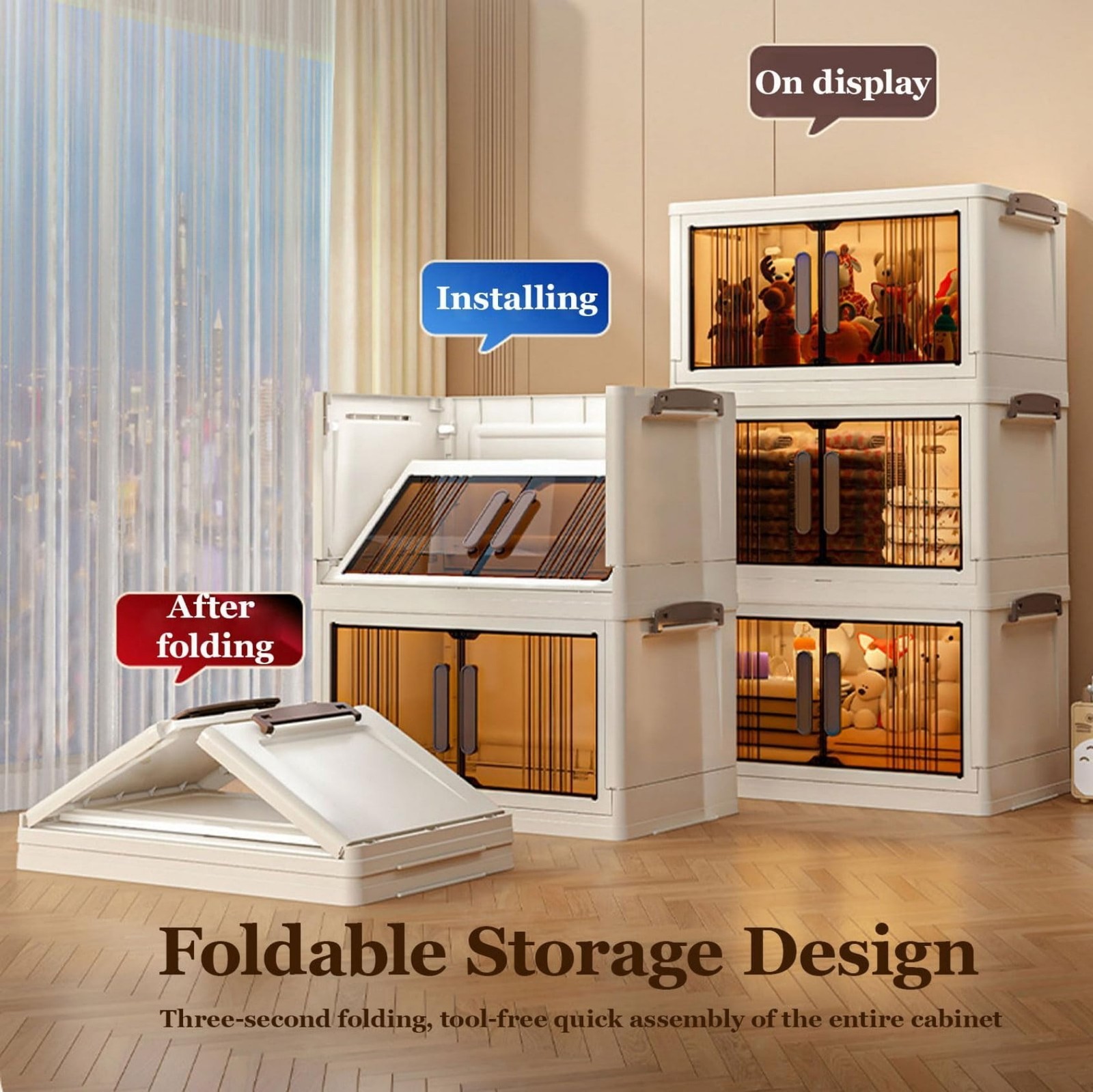 Stackable Storage Cabinet, 28&Prime; H, White, 3-Tier, Doors, Wheels