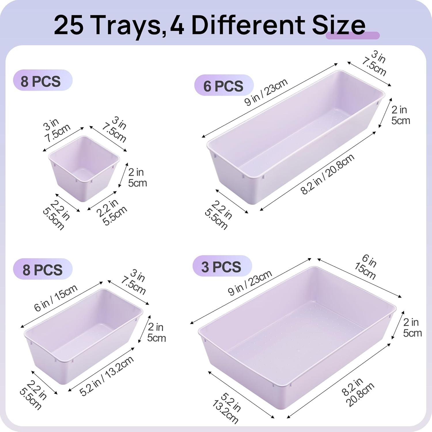Clear Plastic Drawer Organizers 25pc Set Lilac 4 Size Vanity Makeup Kitchen