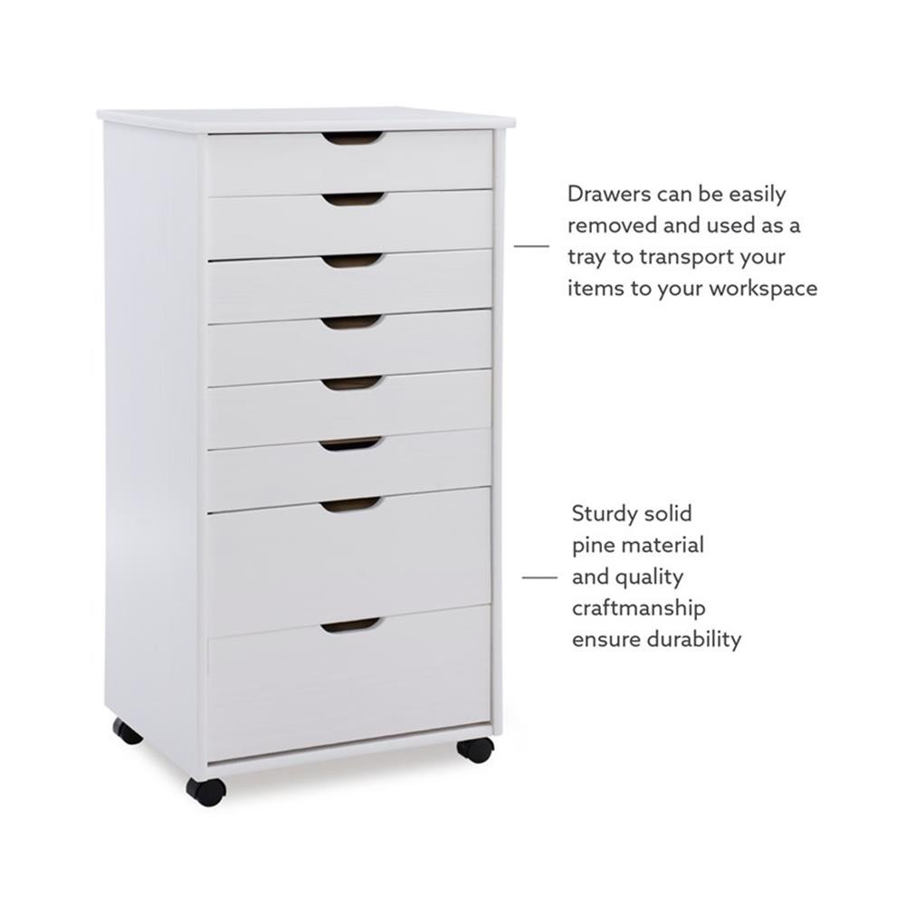 Pemberly Row 8-Drawer Transitional Wood Storage Cart in White Wash