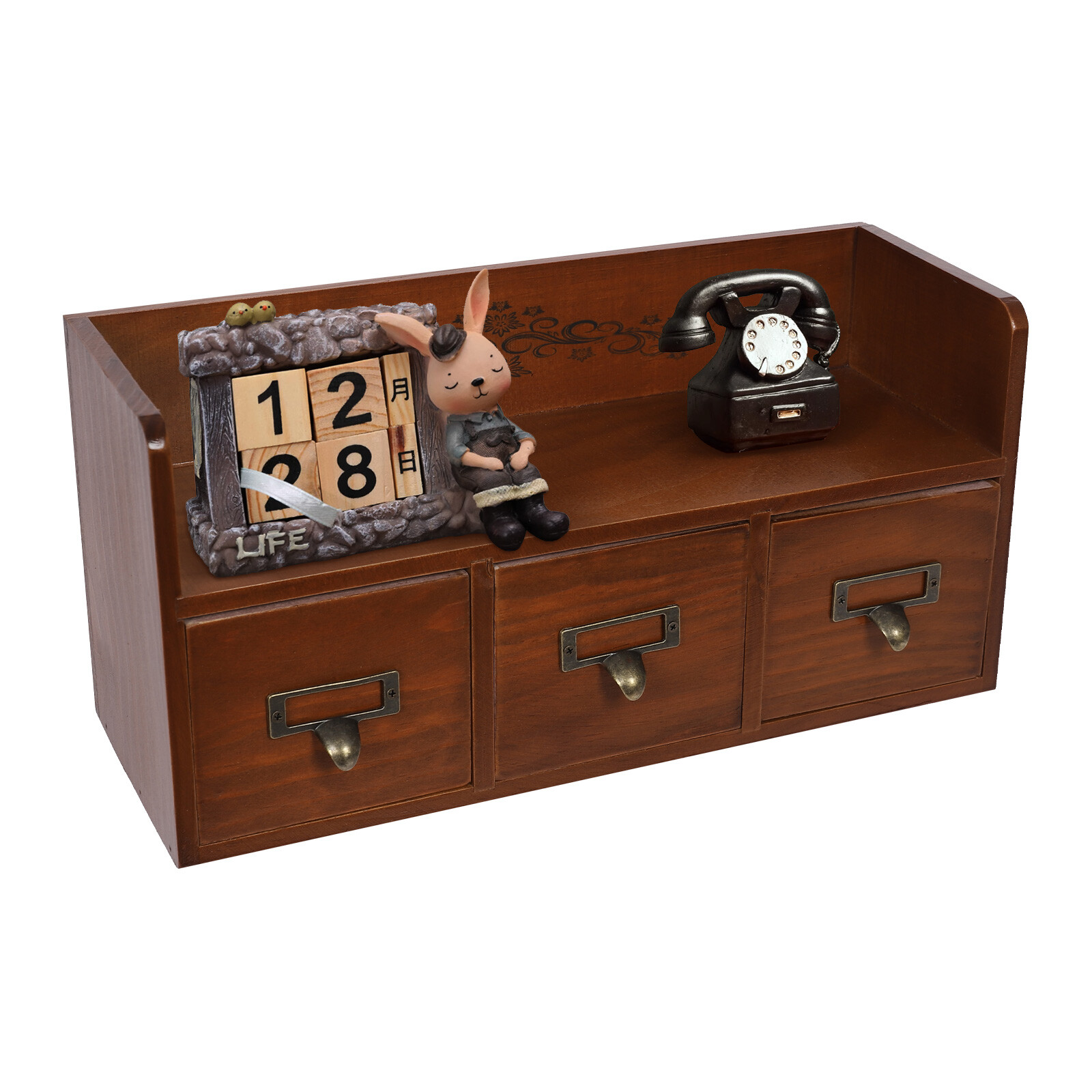 Vintage 3-Drawer Pine Wood Desktop Organizer for Cosmetics and Jewelry