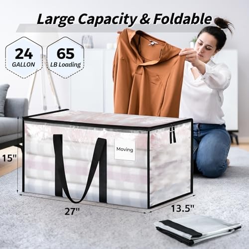 8 Pack Extra Large Heavy Duty Moving Bags, Clear Storage Bins with Lids,