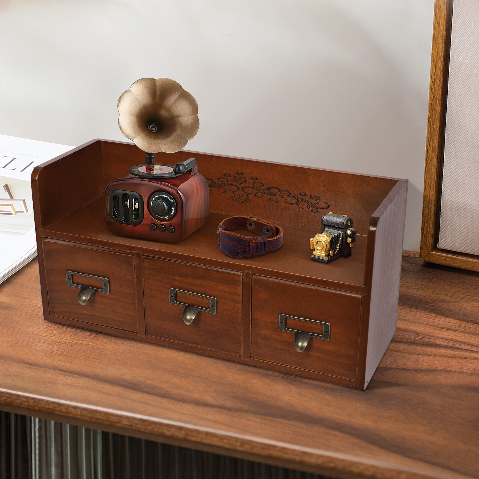 Vintage 3-Drawer Pine Wood Desktop Organizer for Cosmetics and Jewelry