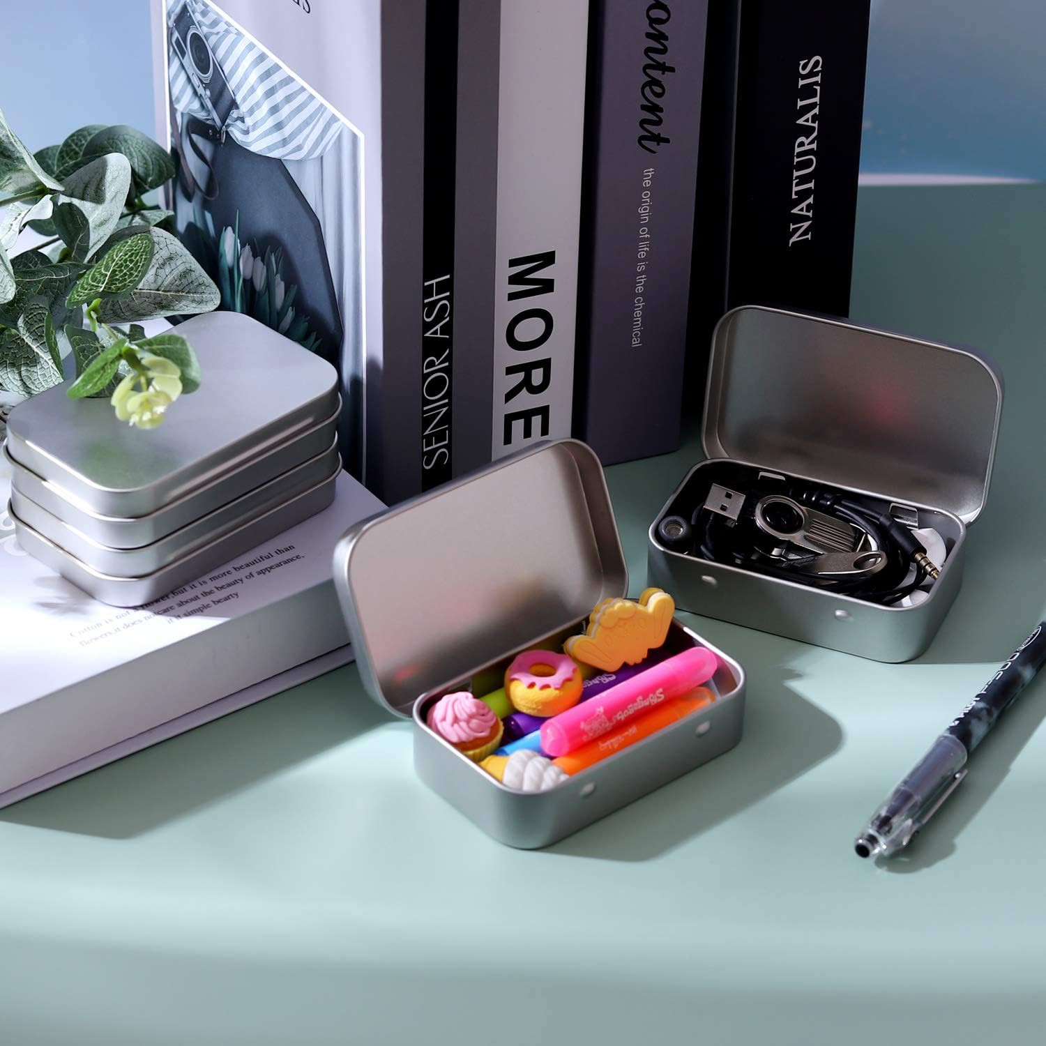 Metal Rectangular Empty Hinged Tins, Pack of 40, Silver | Mini Portable Box Smal