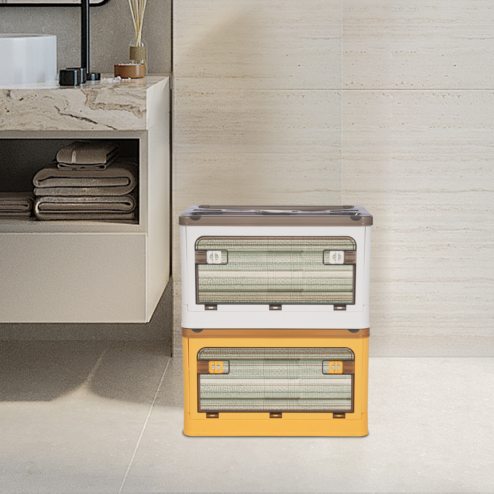 Foldable Plastic Storage Bin, Stackable Storage Box, Storage Box Yellow+White