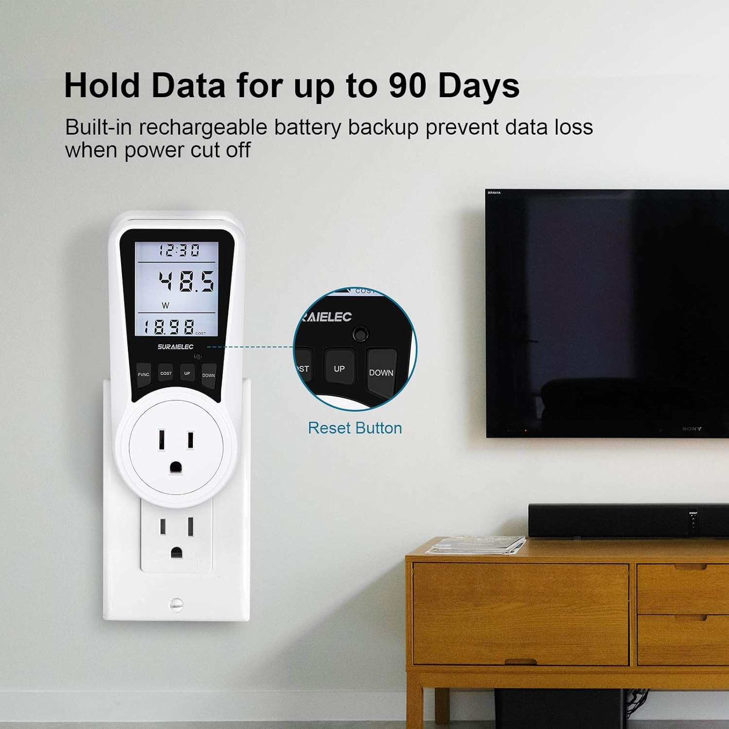 Watt Meter, Plug-In Socket Power Meter, Auto Cost Calculator, Backlit Large Disp