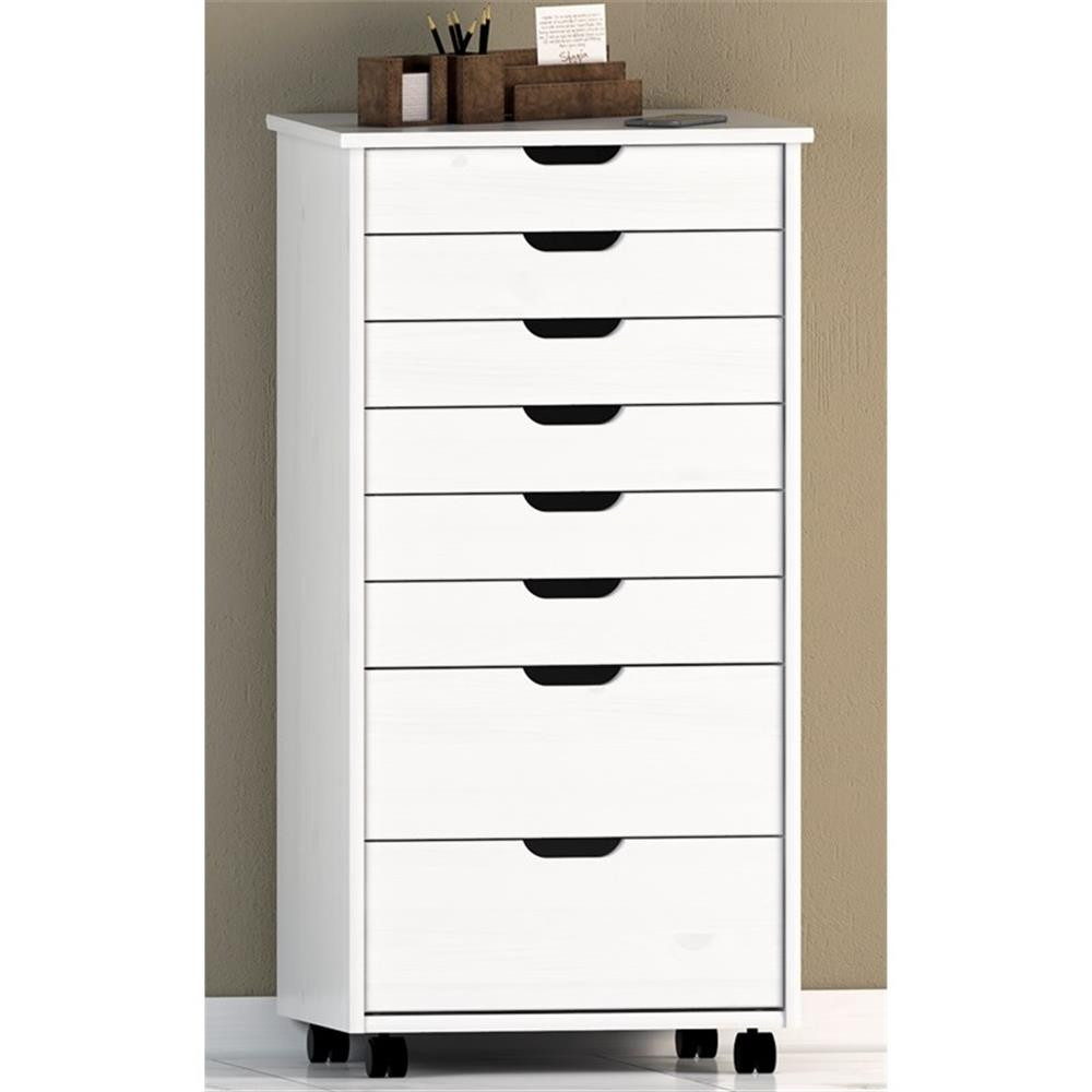 Pemberly Row 8-Drawer Transitional Wood Storage Cart in White Wash