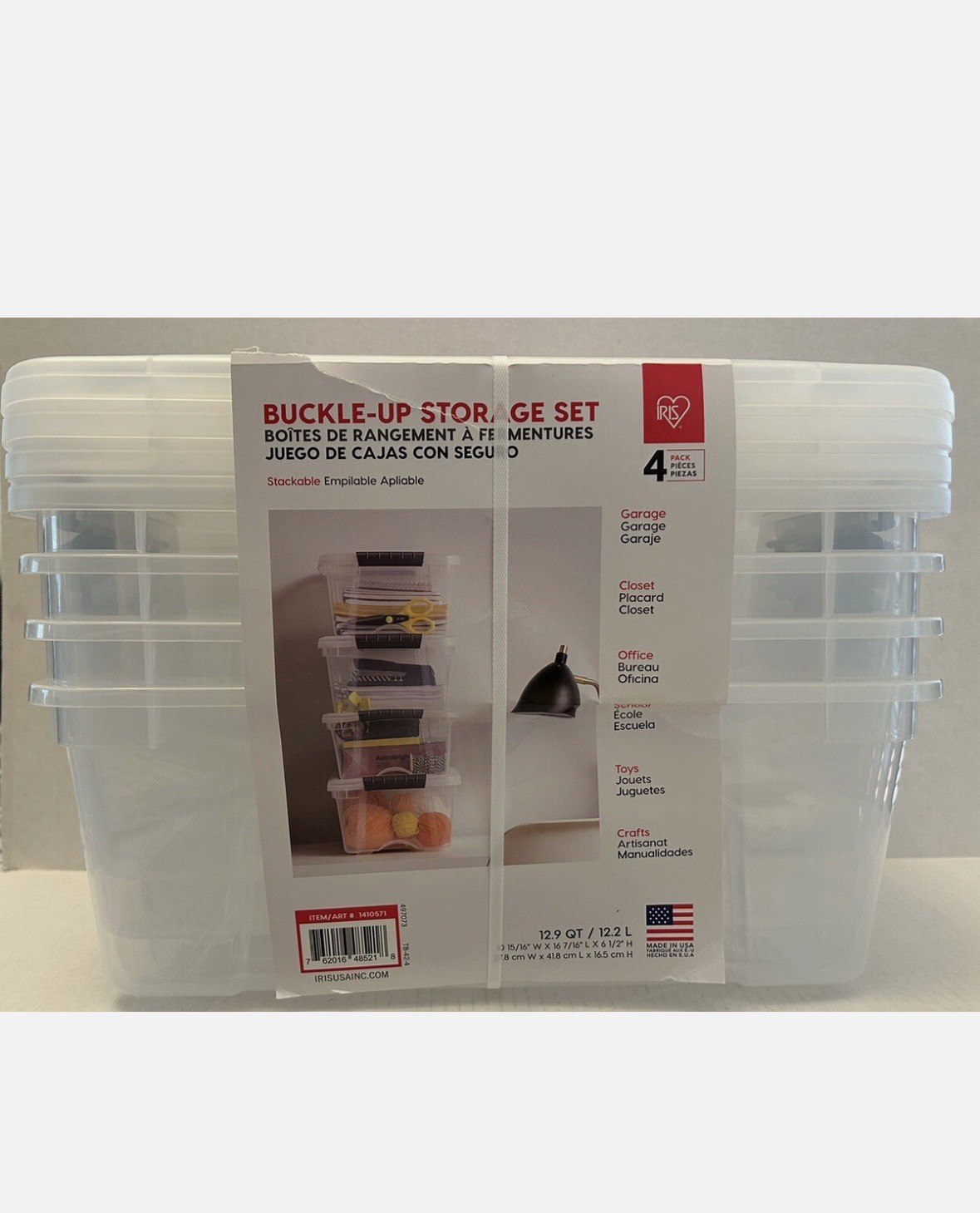 IRIS Buckle-Up Storage Box Set – Clear, 12.9-Quart, Pack of 4