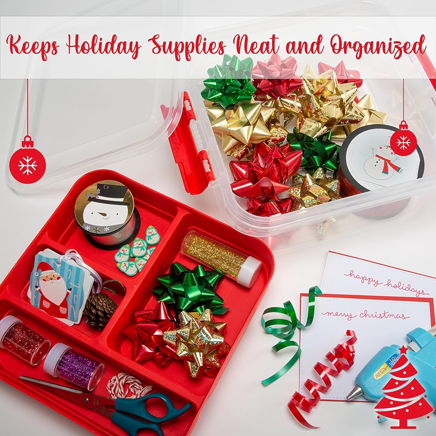 5 Compartment Gift Supply Storage Box | 2 Tier Box | Red | Clear Top Lid | Di…