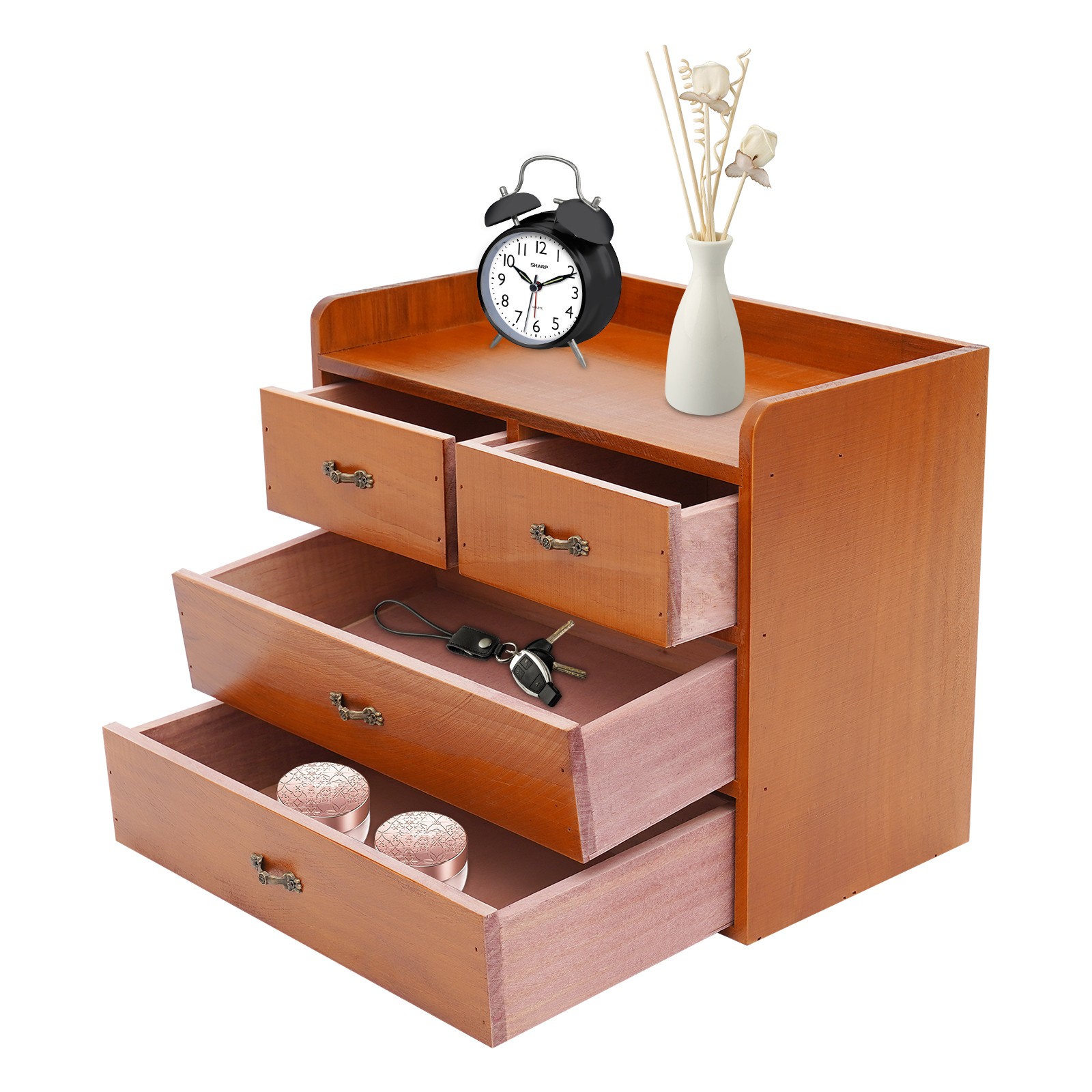 Retro Wooden 4 Drawer Desk Organizer Office Bedroom Tabletop Storage Drawer Box