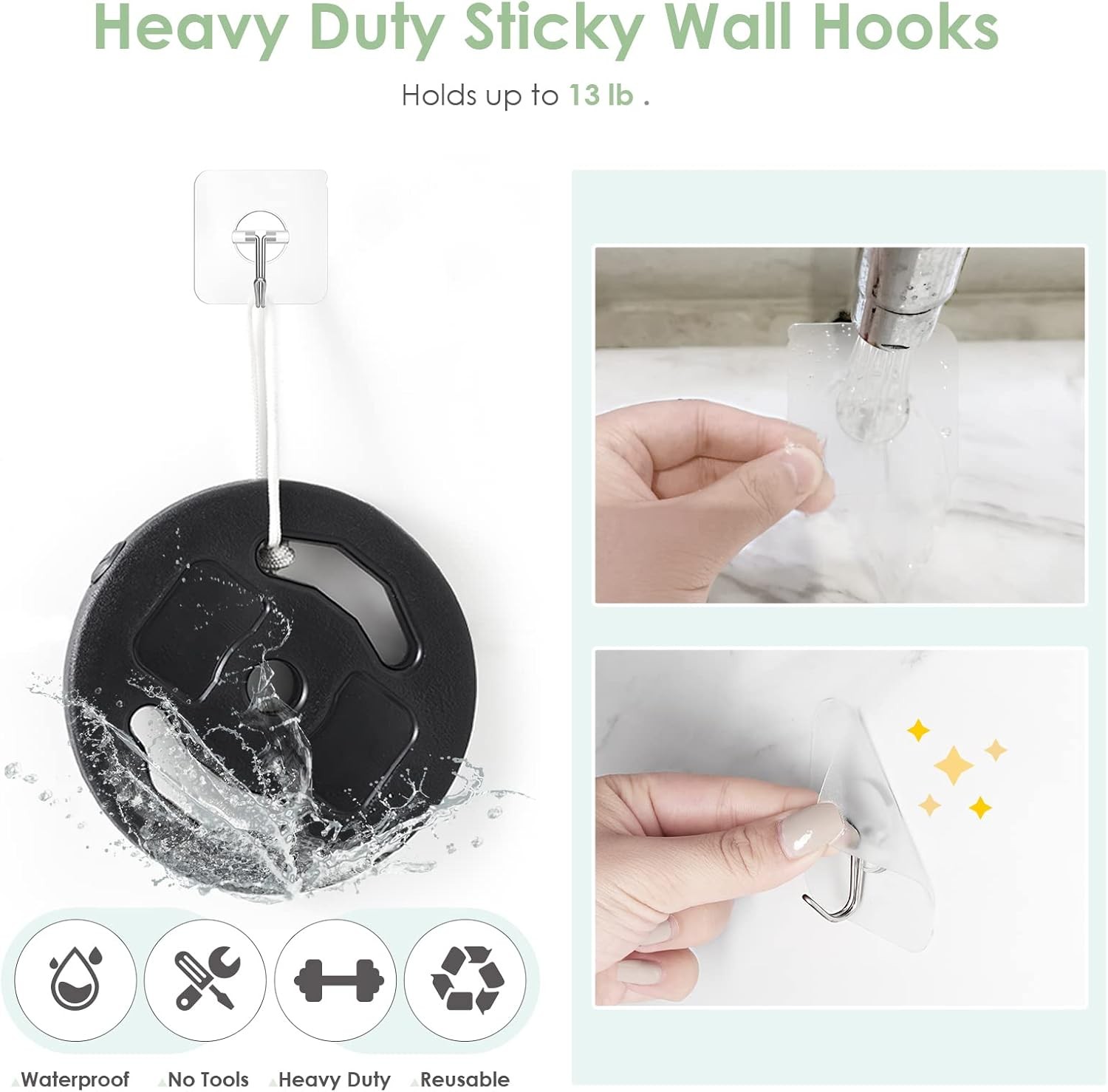 Wall Hooks for Hanging, Clear Removable Window Hooks 13 lb Stainless Steel Stick