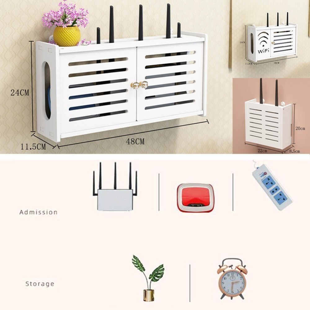 White Wifi Router Rack Box Shelf Storage Wall Mounted Wireless Bracket Cable
