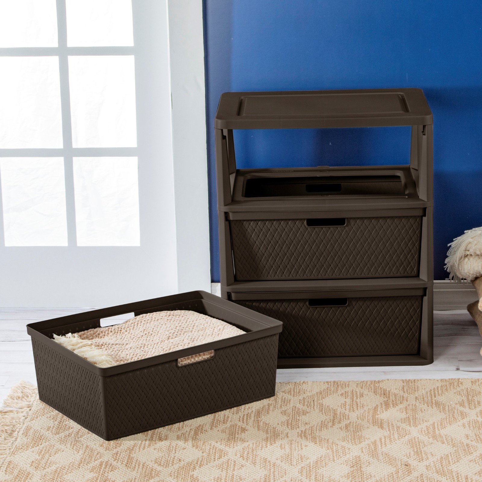 Sterilite Wide 3 Drawer Tower, Plastic Storage Organizer with Removable Decorati
