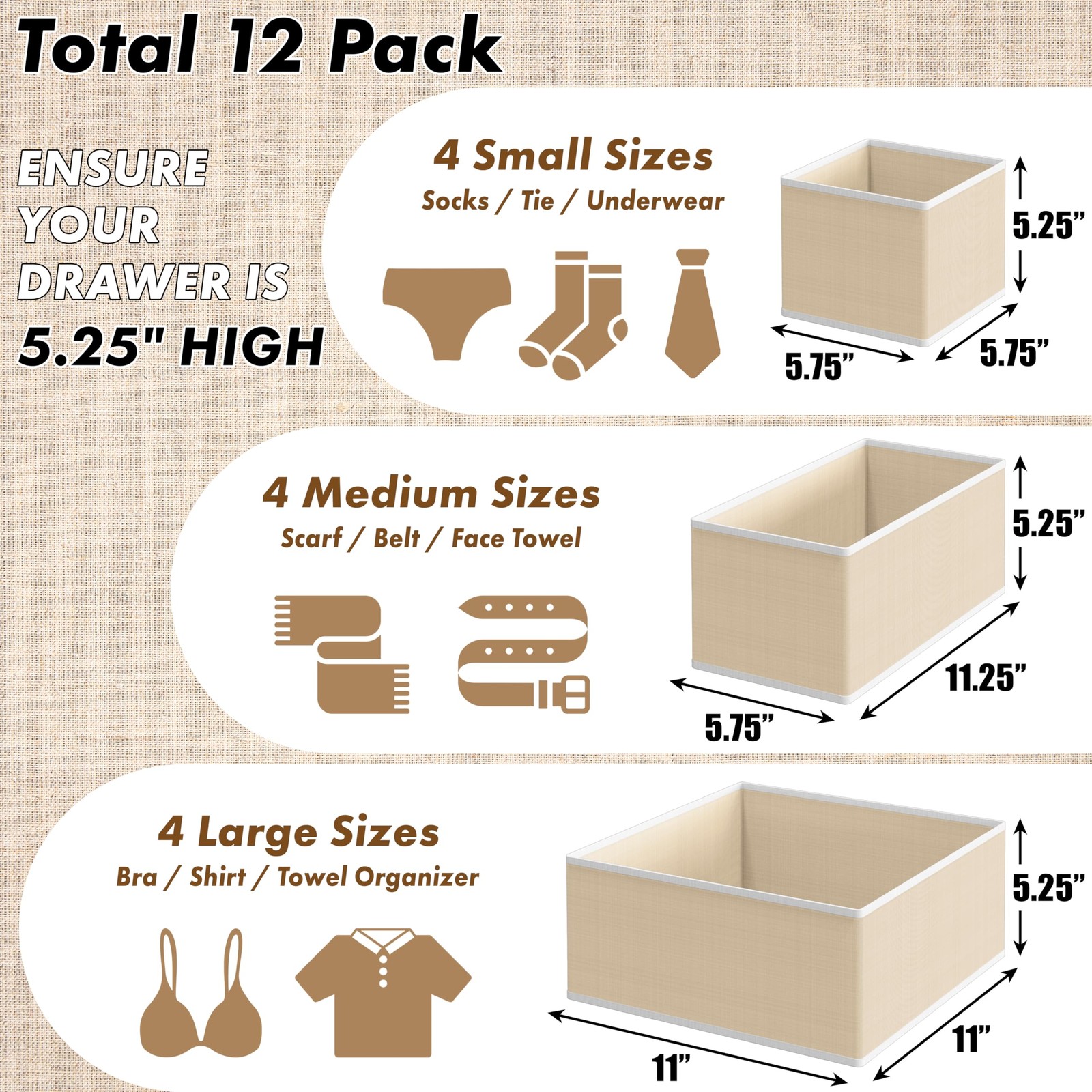 Foldable Drawer Organizer Set of 12, Beige – Fabric Storage Bins for Clothes,…