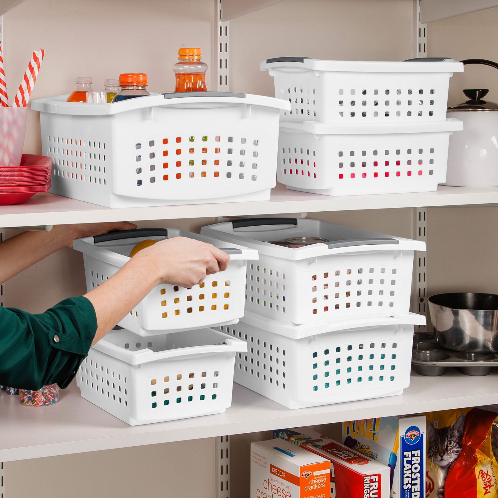 Sterilite Medium Stacking Basket, Open Top Storage Bin w/ Handles, 8 Pack, White
