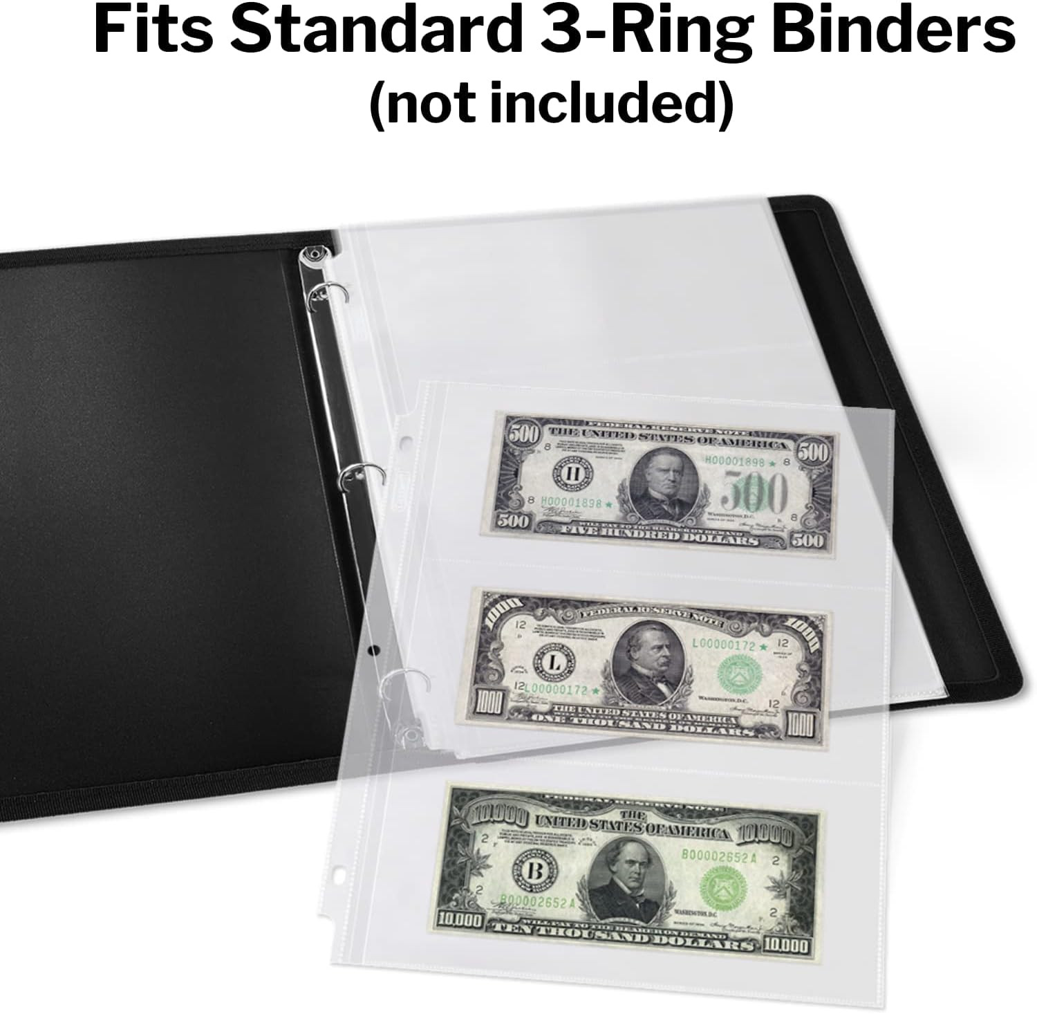 25 Sheets Currency Pages 3 Pockets Paper Money Protectors for 3 Ring Binders