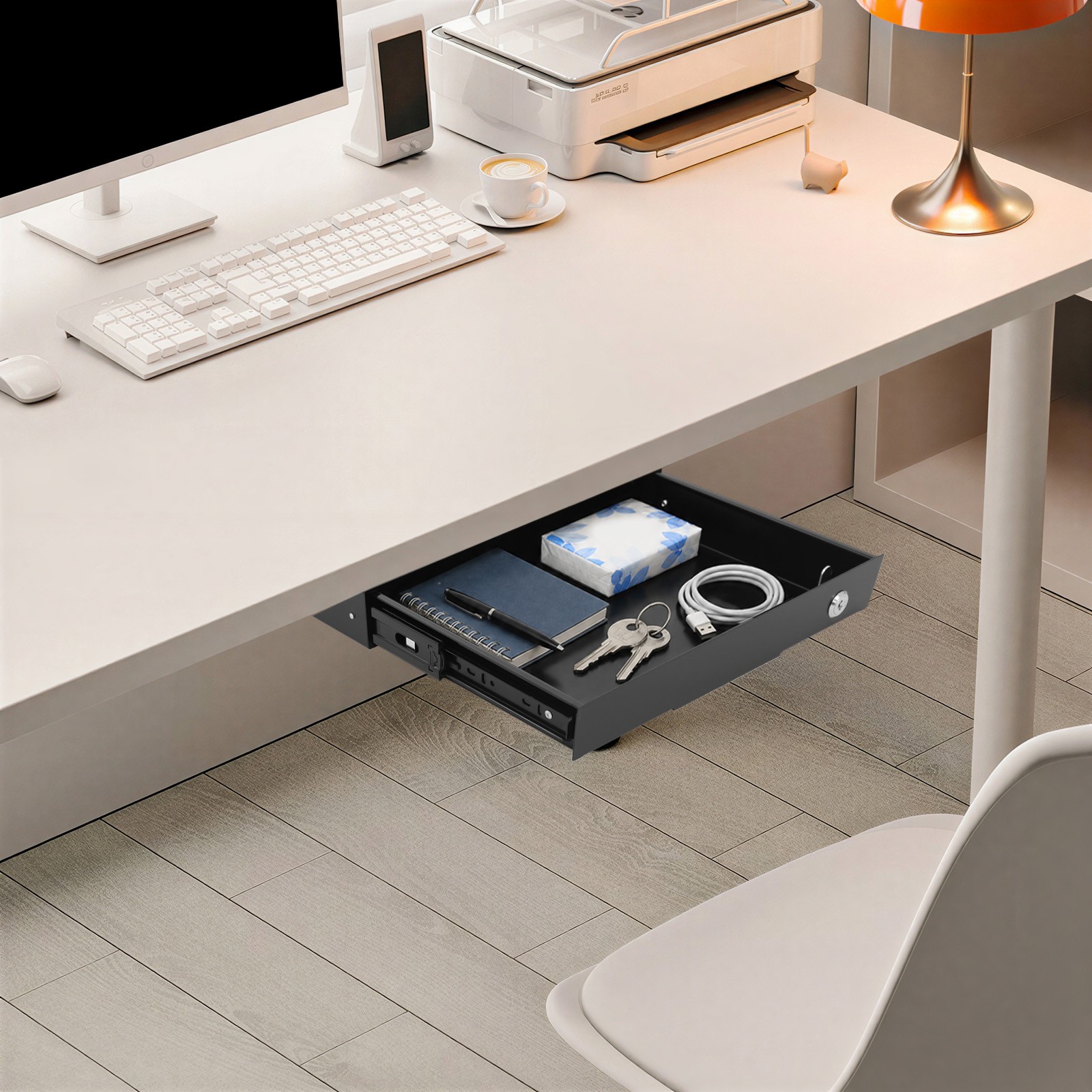 Under Desk Mounted Drawer Storage Sliding Out Tray Black Space Saver With Keys~