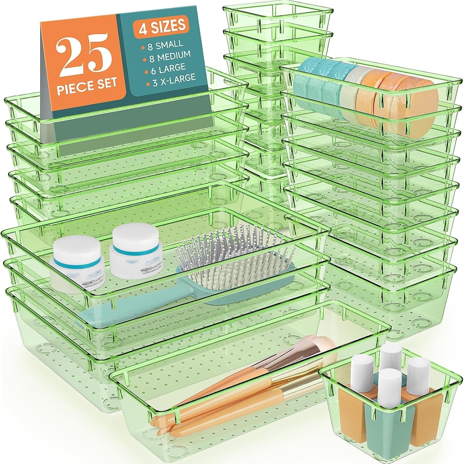 Clear Green Drawer Dividers 25 Piece Plastic Set Ideal for Cosmetics and Gadgets
