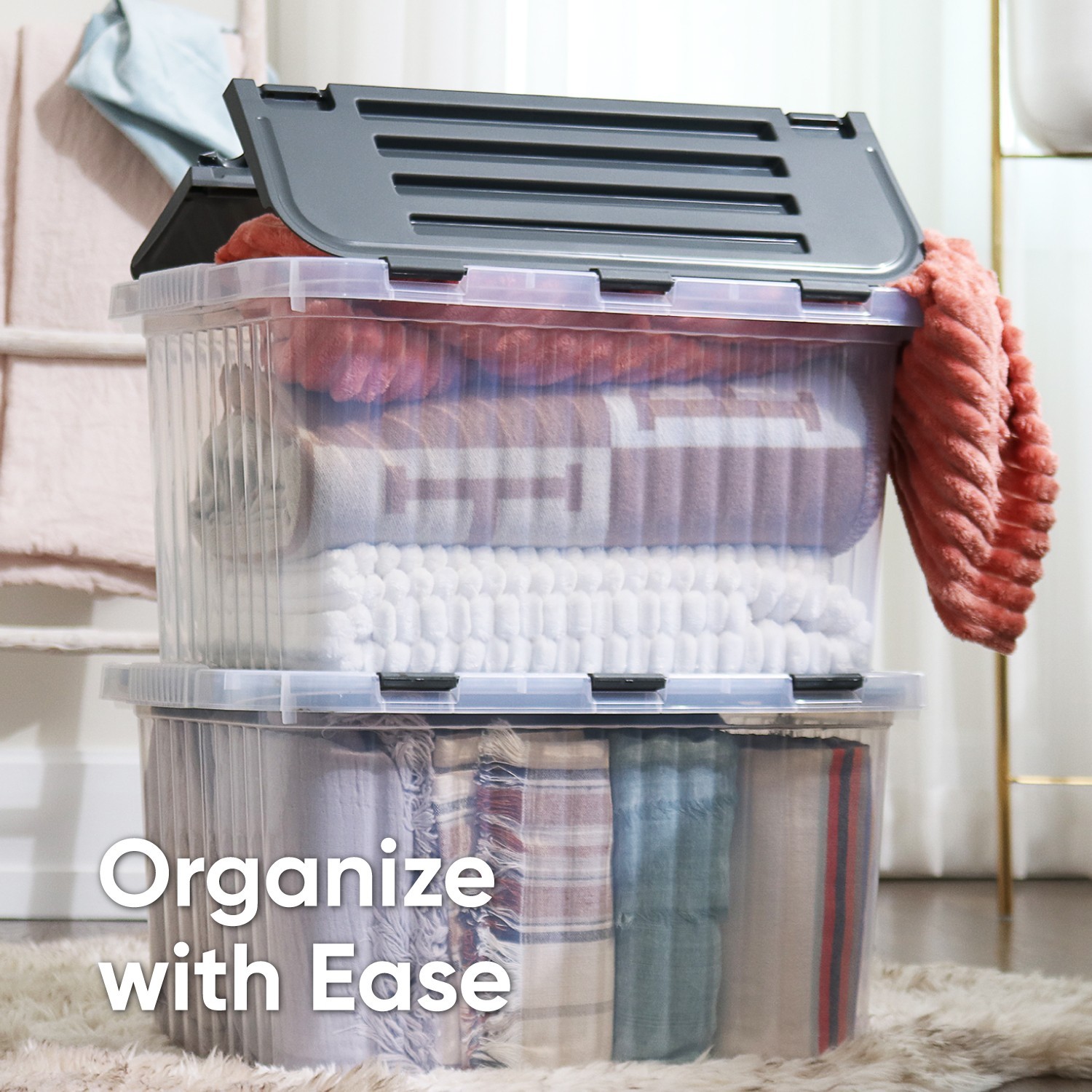 Superio 52 Quart Hinged Stackable Clear Tote, Storage Container with Lid-4 Pack