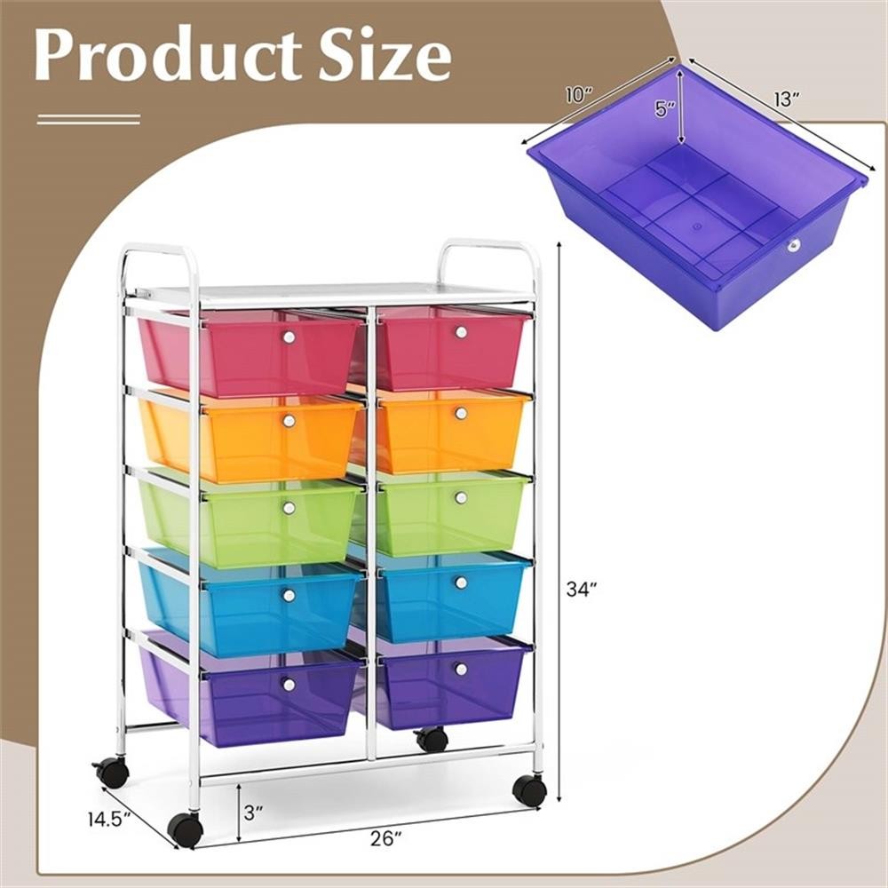 Pemberly Row 10-Drawer Plastic Storage Cart Utility Rolling Trolley in Rainbow