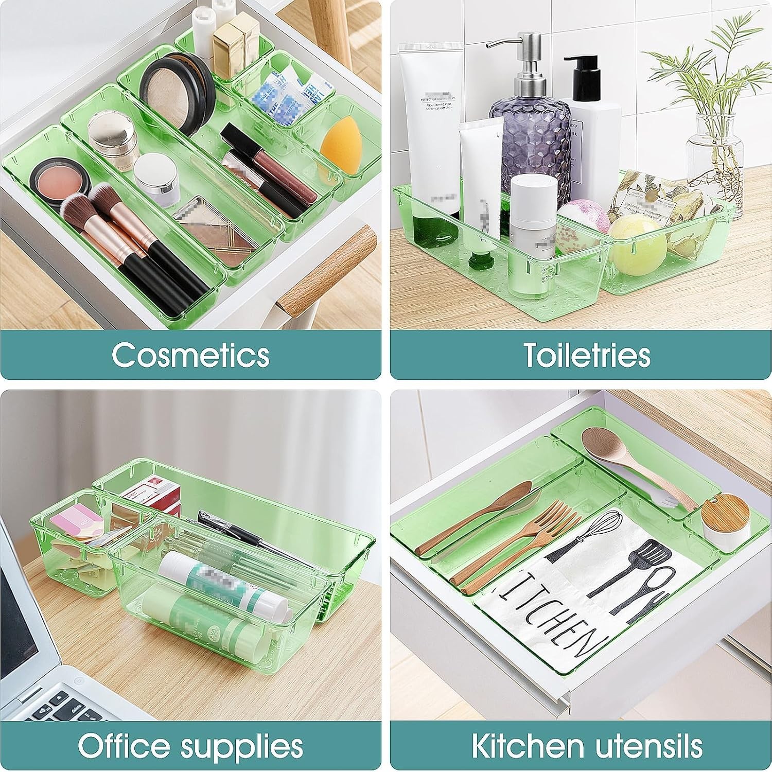 Clear Green Drawer Dividers 25 Piece Plastic Set Ideal for Cosmetics and Gadgets