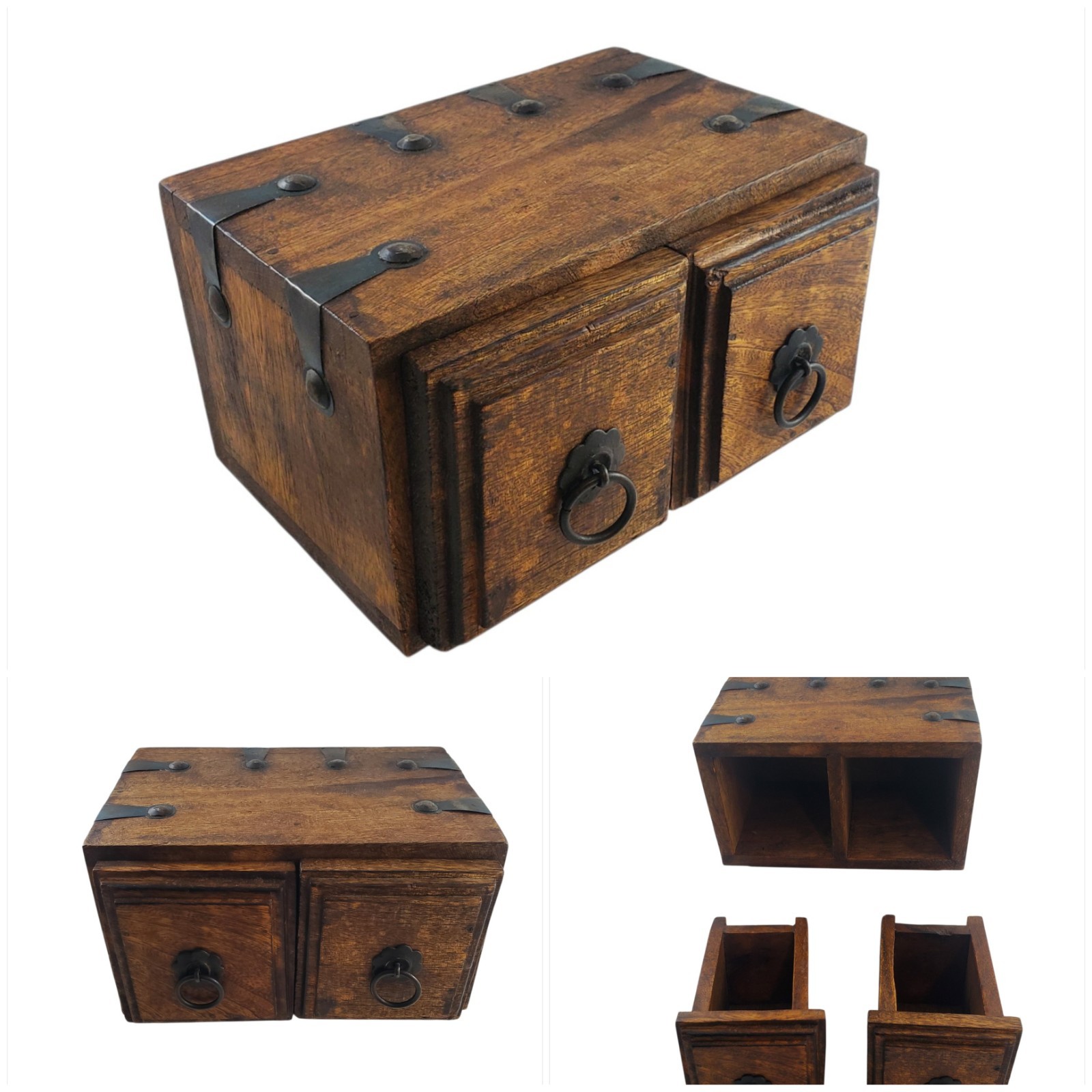 Vintage Wood Apothecary Tea Spice Box Carved Boho Jewelry Box Drawers Handmade