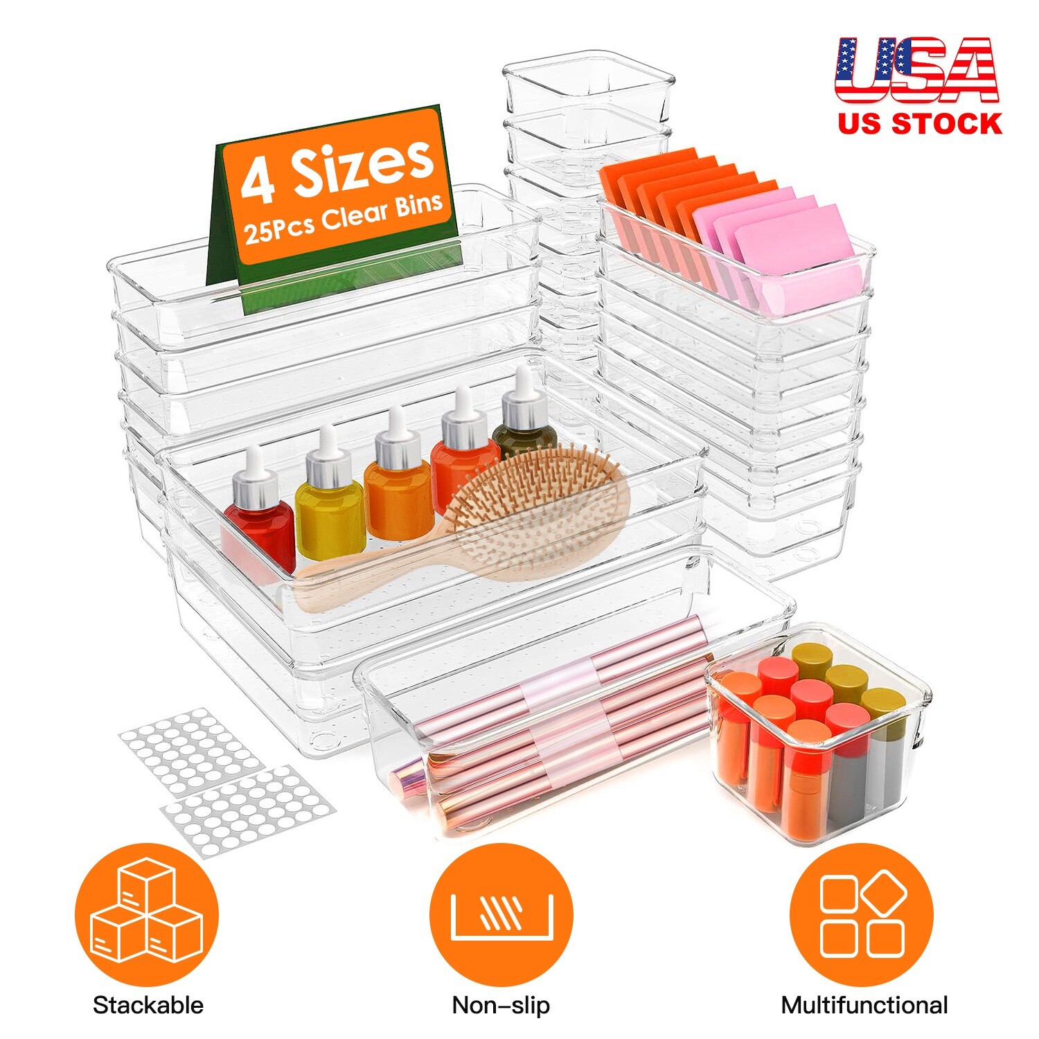 25PCS Clear Plastic Drawer Organizer Set Makeup Jewelry Kitchen Bedroom Office