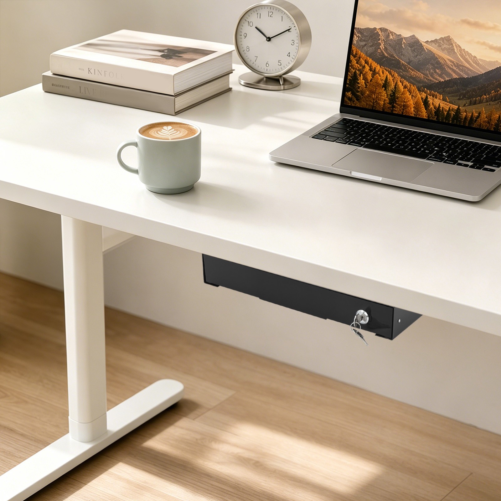Under Desk Mounted Drawer Storage Sliding Out Tray Black Space Saver With Keys~
