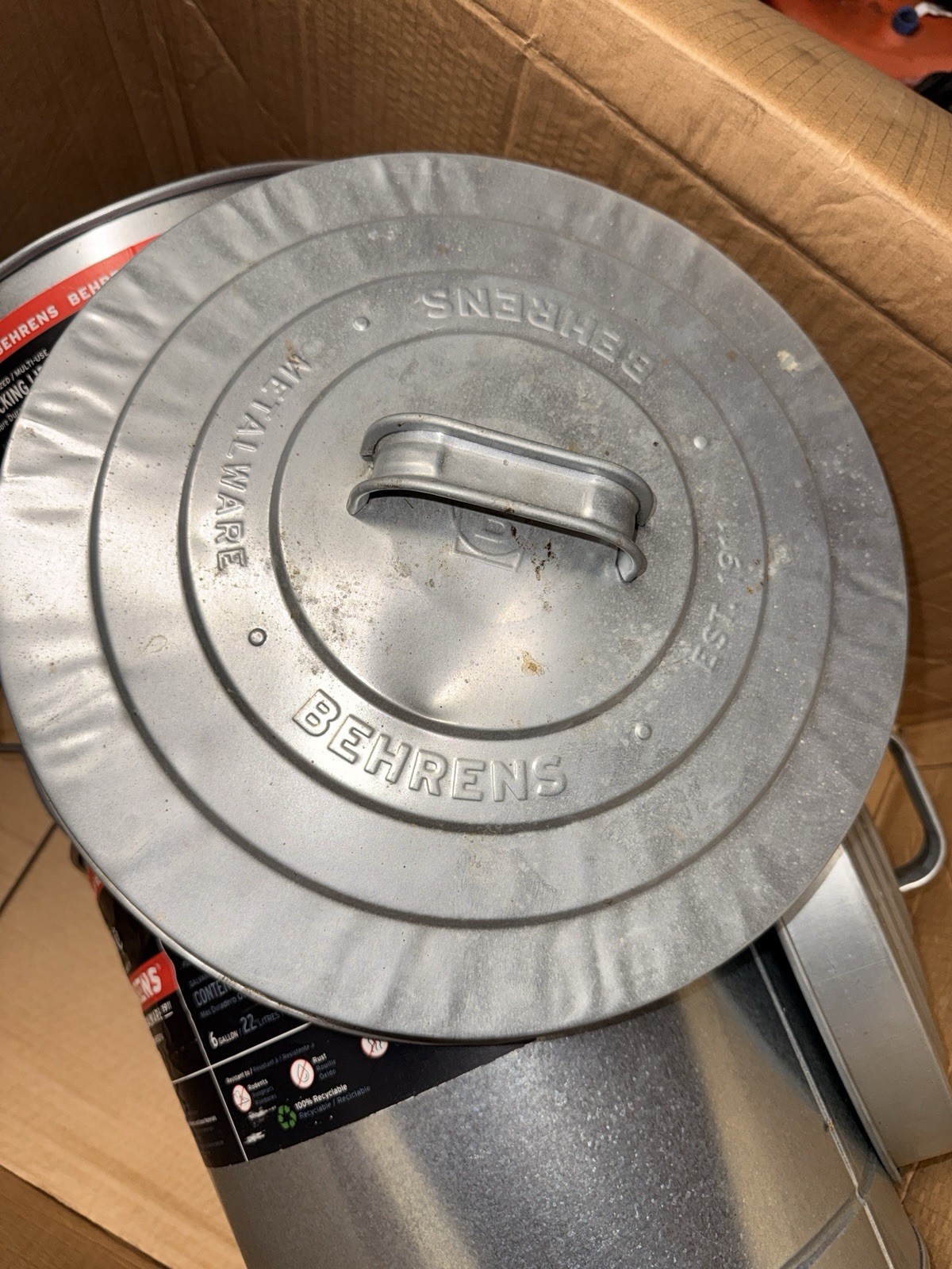 2 Behrens 6 Gallon Galvanized Locking Lid Cans Metal Storage Buckets Used