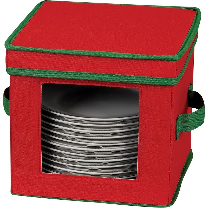 Stackable Polyester China Storage Box Holds 12 Plates W/ Removable Lid New