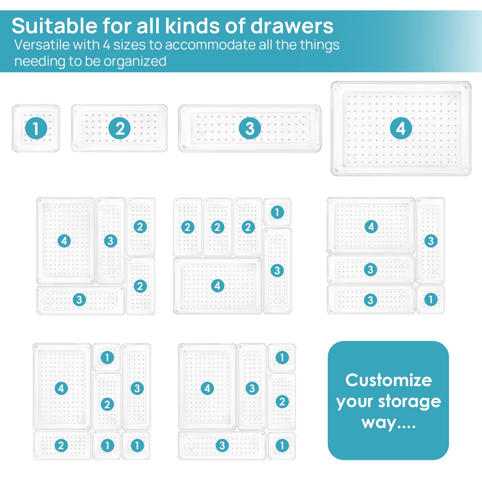 25 PCS Clear Plastic Drawer Organizers Set, 4-Size Versatile Bathroom and Van…