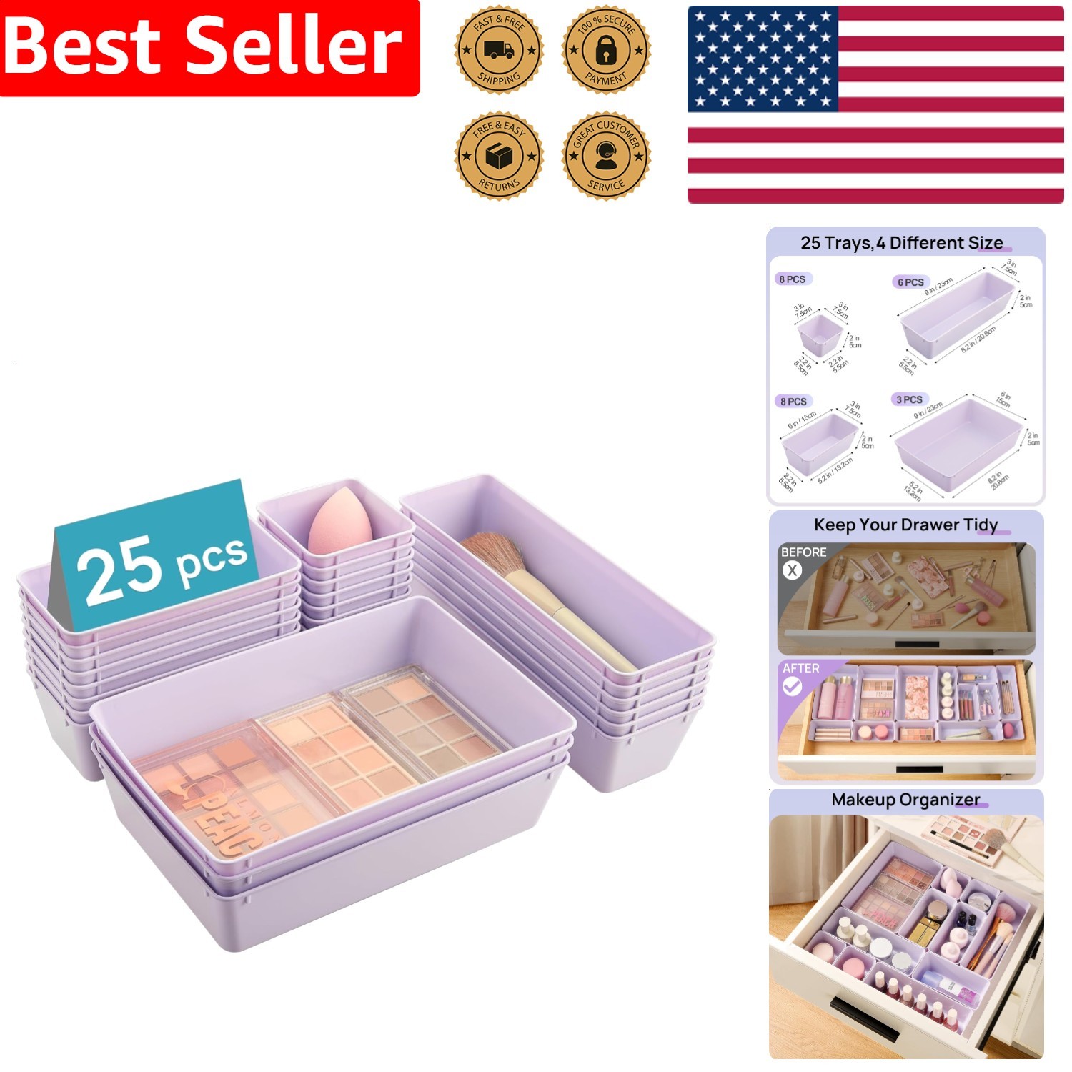 Clear Plastic Drawer Organizers 25pc Set Lilac 4 Size Vanity Makeup Kitchen