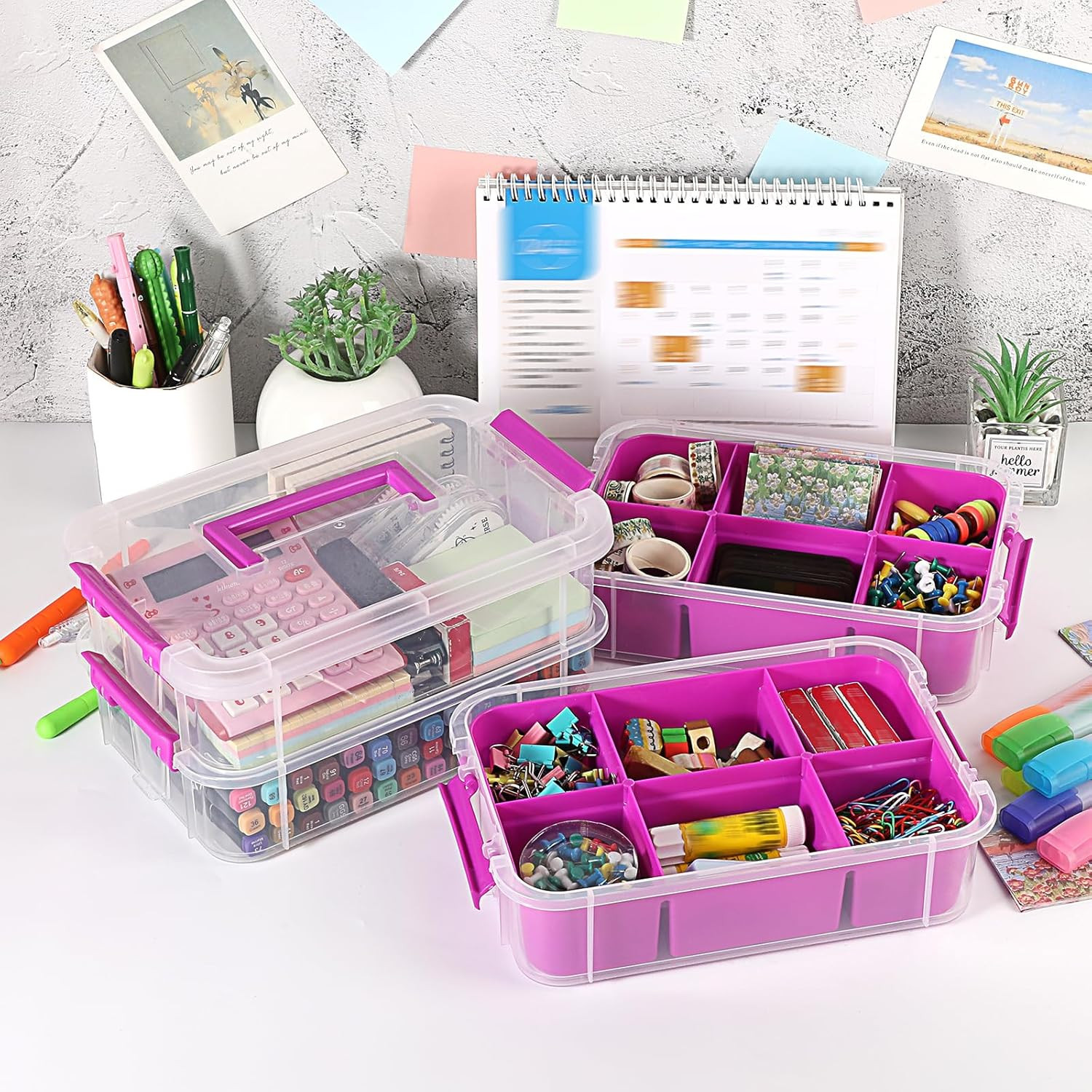 Purple 4-Tier Stackable Storage Box with Divided Tray for Office & School Suppli