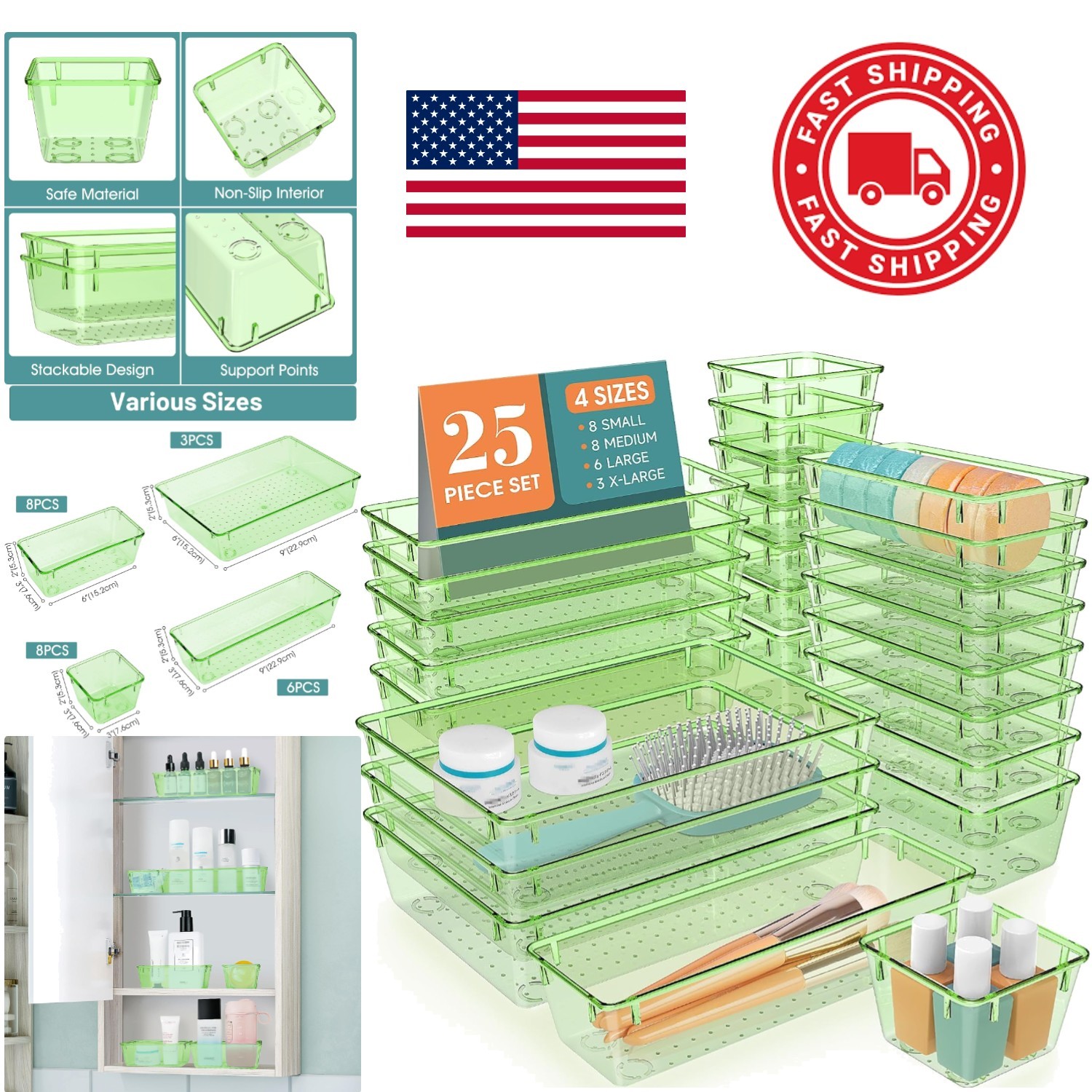 Clear Green Drawer Dividers 25 Piece Plastic Set Ideal for Cosmetics and Gadgets