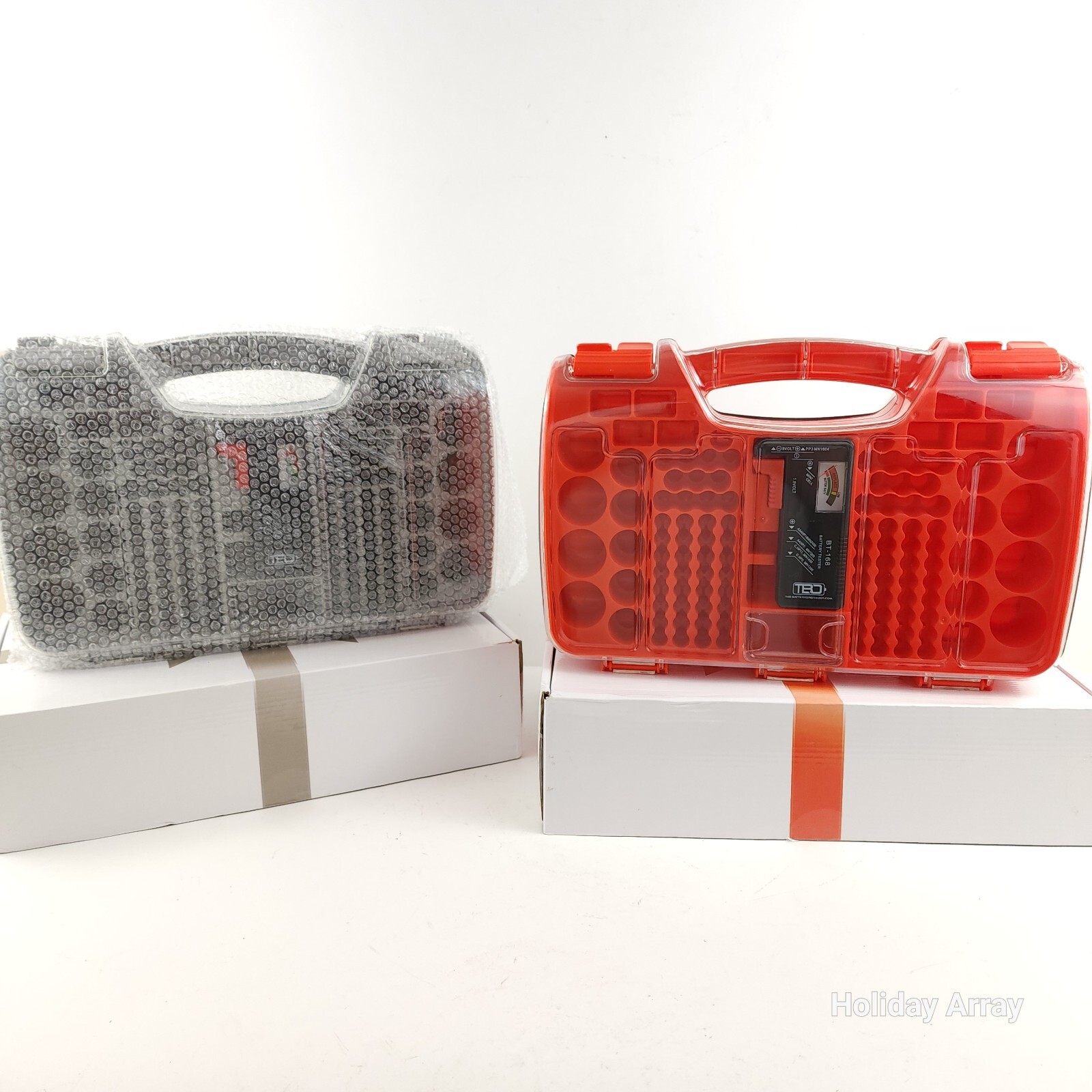 Deluxe Battery Organizer w/ Tester and Gift Boxes Gray & Red Set of 2: 180