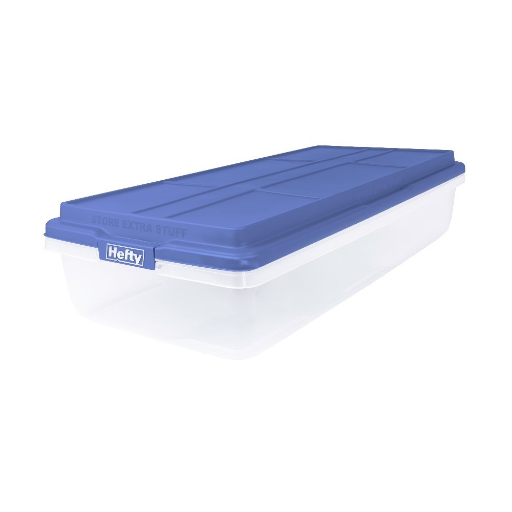Large Latching Storage Bin with Blue HI-RISE Lid, 63 Quart Clear Plastic Storage