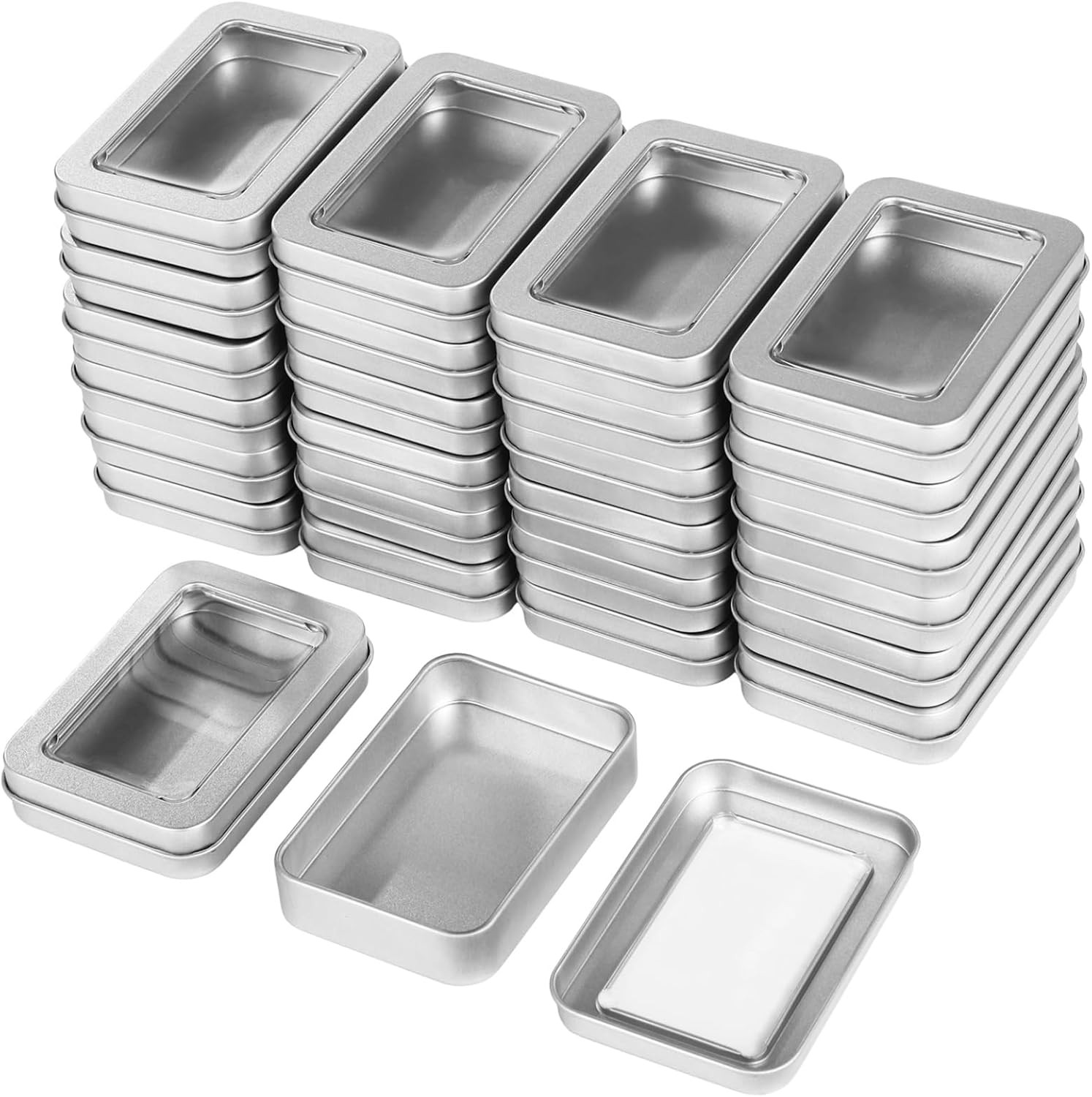 48 PCS Rectangular Metal Tin Boxes with Clear Lid for Jewelry & Crafts
