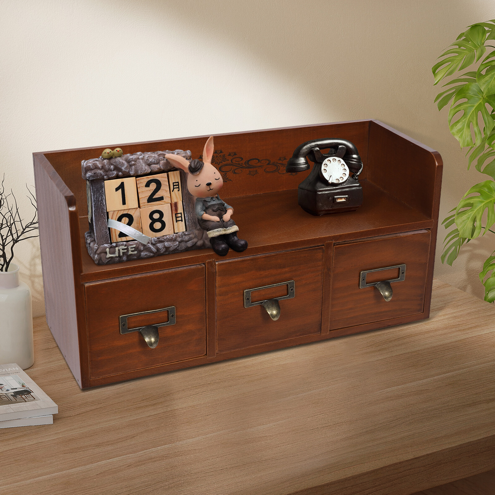 Vintage 3-Drawer Pine Wood Desktop Organizer for Cosmetics and Jewelry
